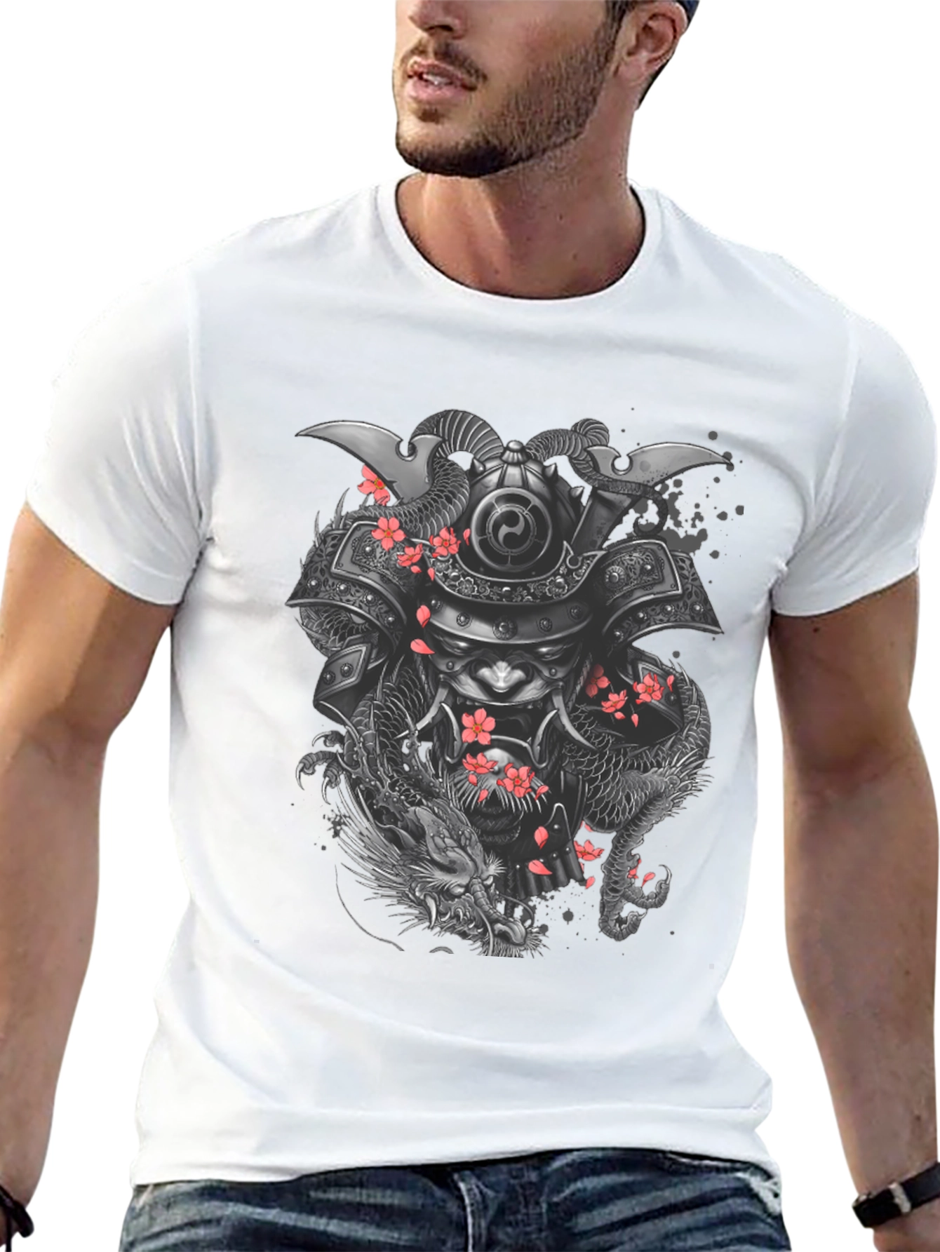 Samurai Dragon Graphic Tee - Black Cotton Blend