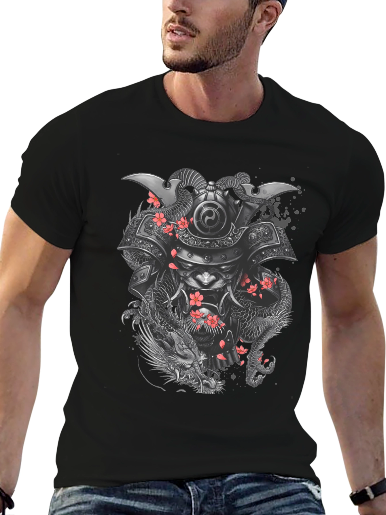 Samurai Dragon Graphic Tee - Black Cotton Blend