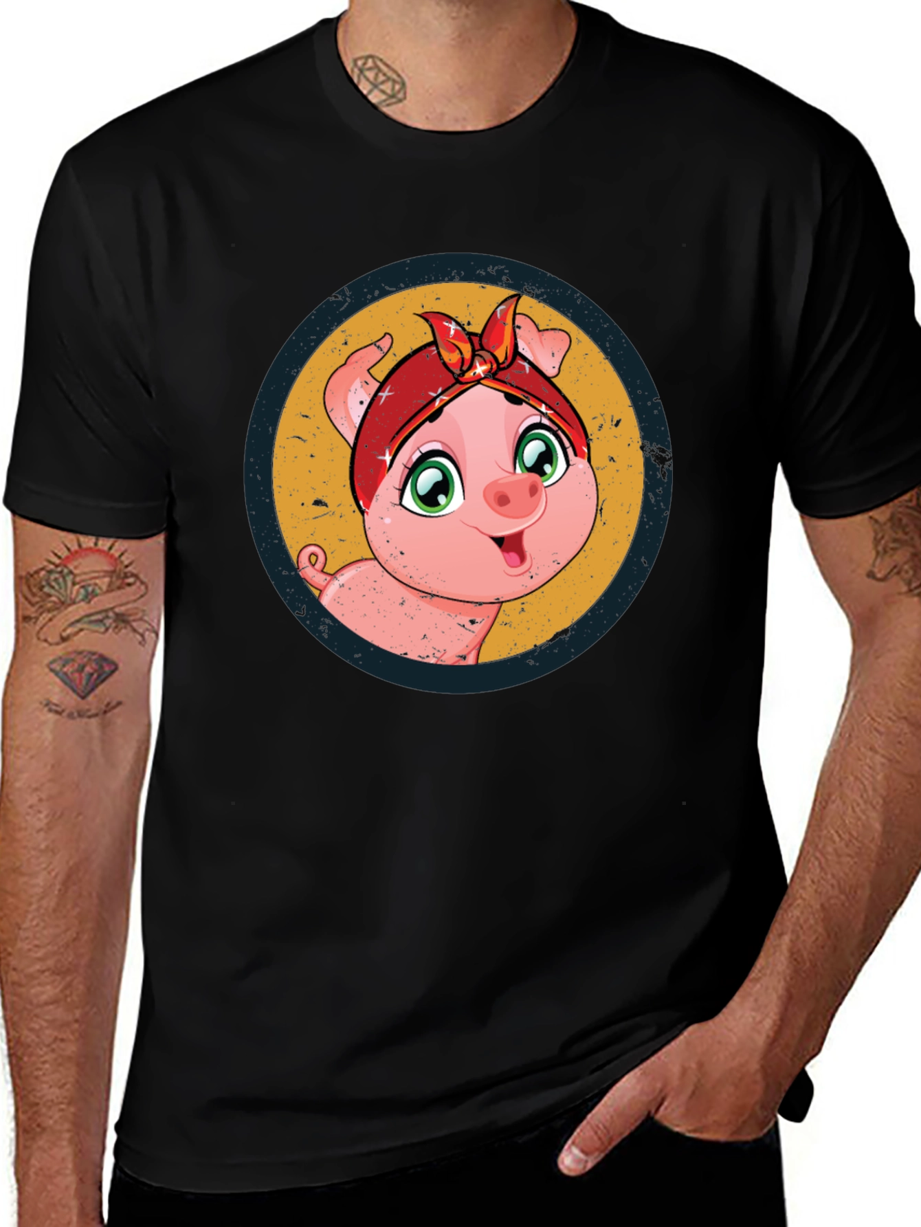 Cute Piglet Graphic Print Black T-Shirt