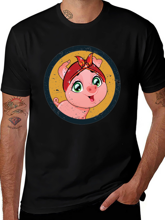 Cute Piglet Graphic Print Black T-Shirt
