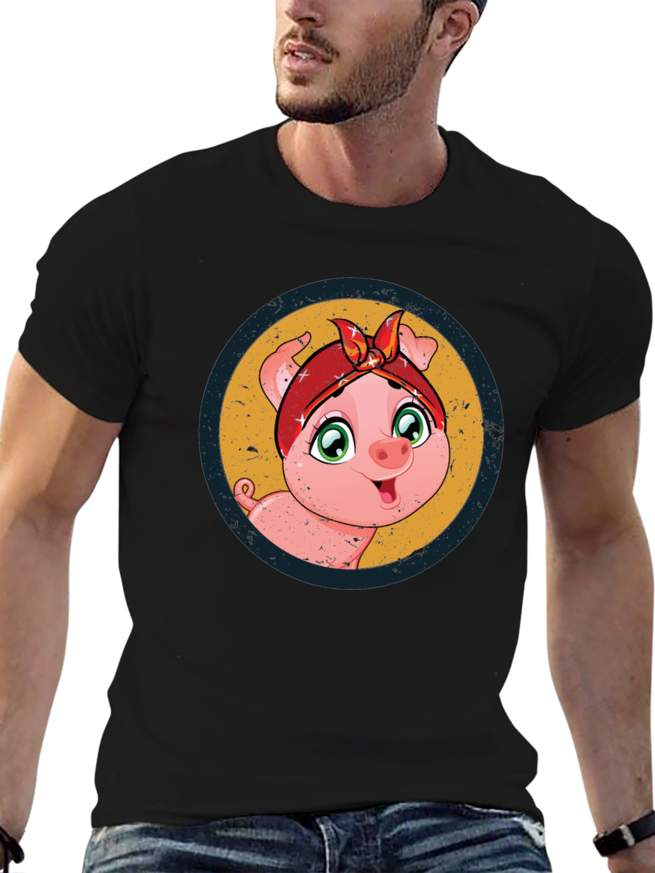Cute Piglet Graphic Print Black T-Shirt