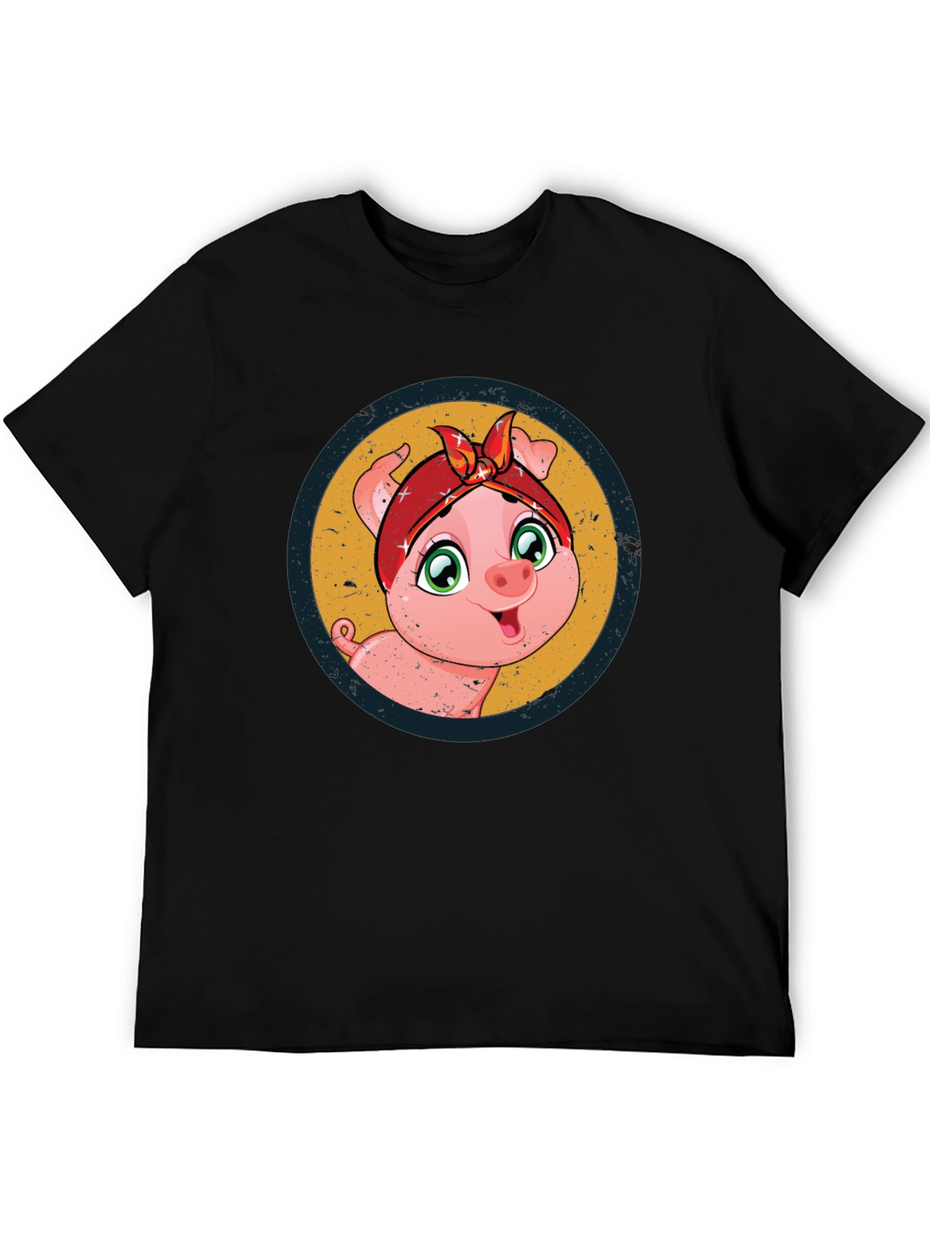 Cute Piglet Graphic Print Black T-Shirt