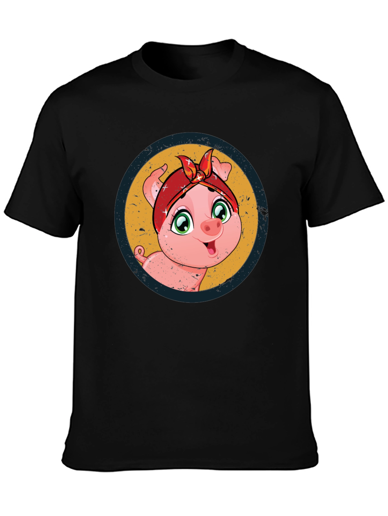 Cute Piglet Graphic Print Black T-Shirt