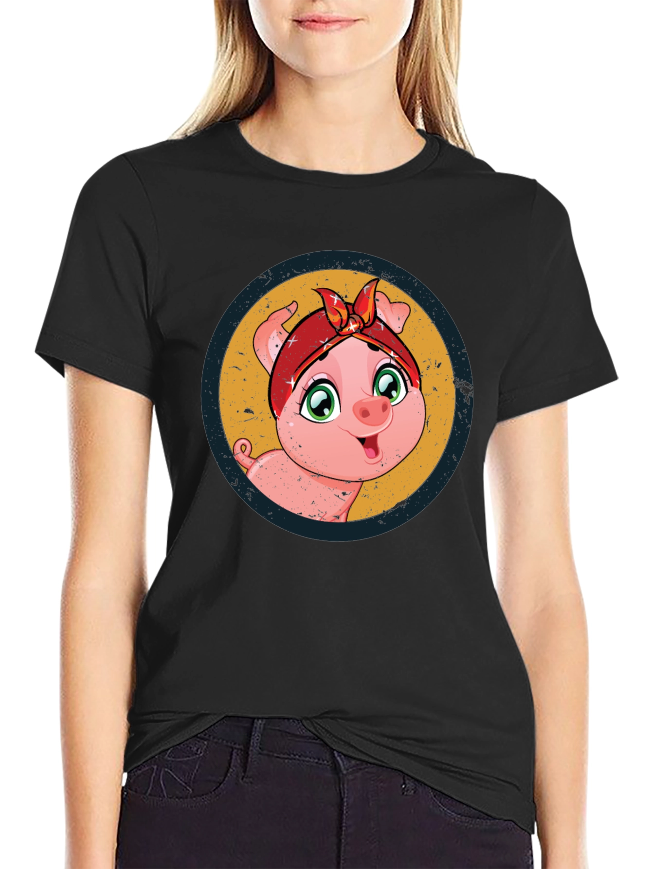 Cute Piglet Graphic Print Black T-Shirt