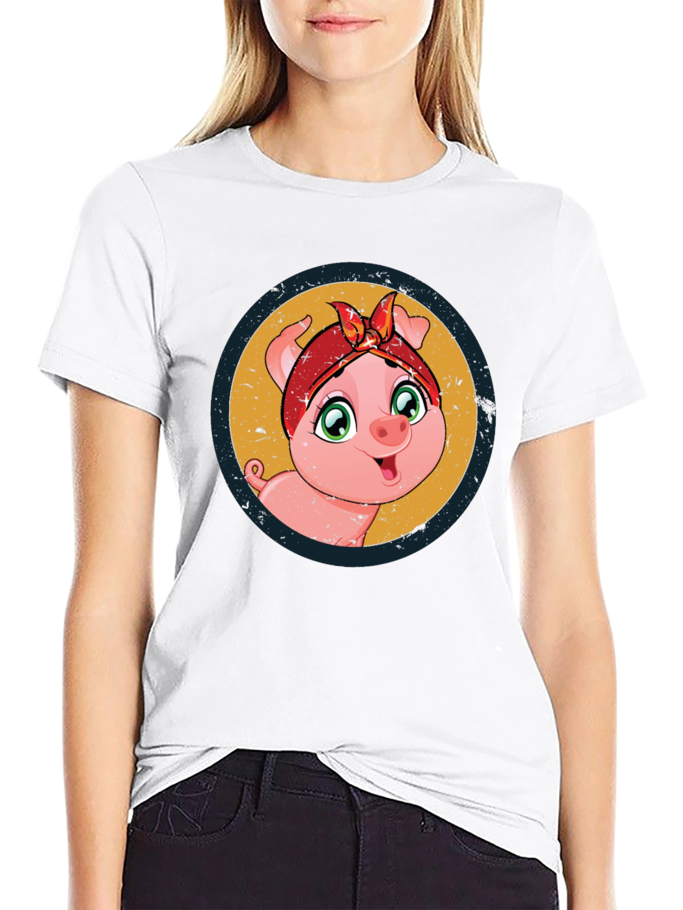 Cute Piglet Graphic Print Black T-Shirt