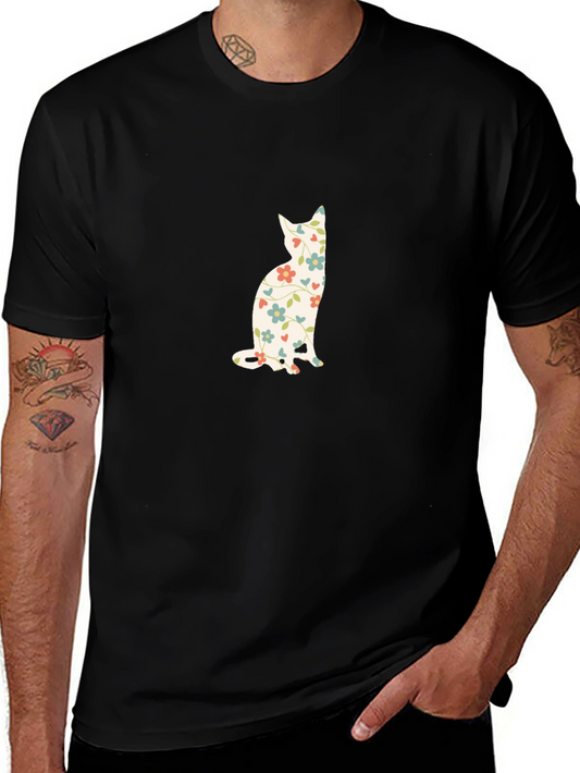 Floral Cat Print Black T-Shirt