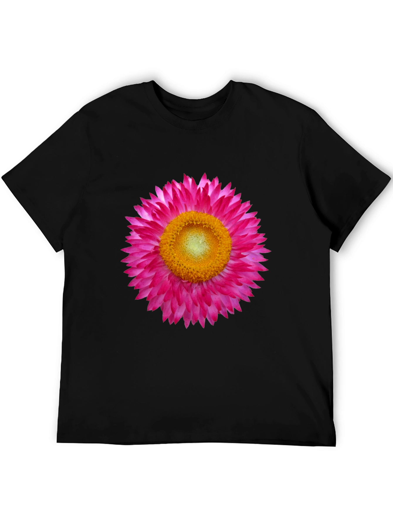 Black T-Shirt with Pink Strawflower Graphic