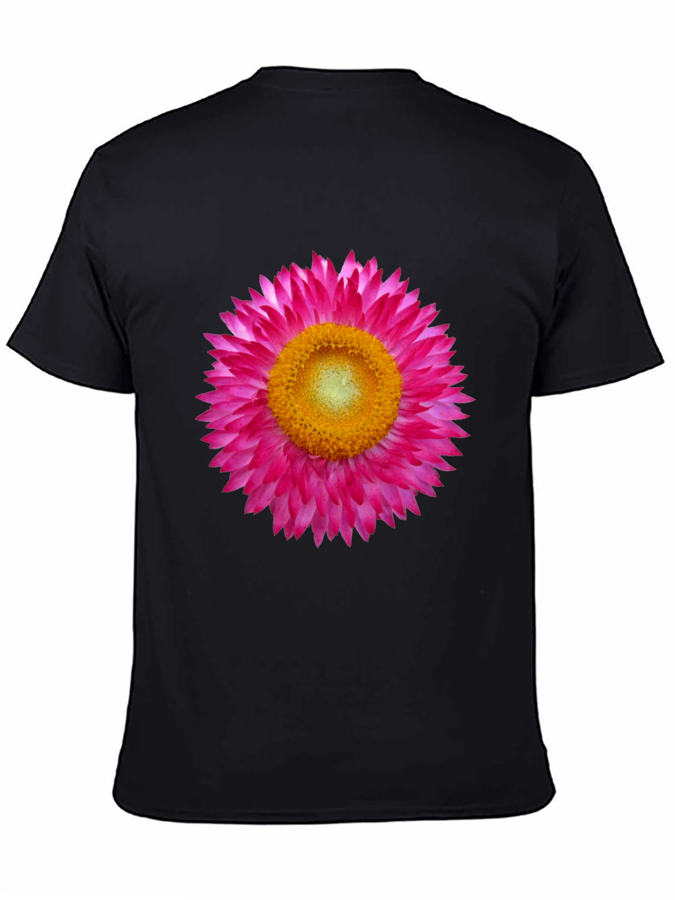Black T-Shirt with Pink Strawflower Graphic