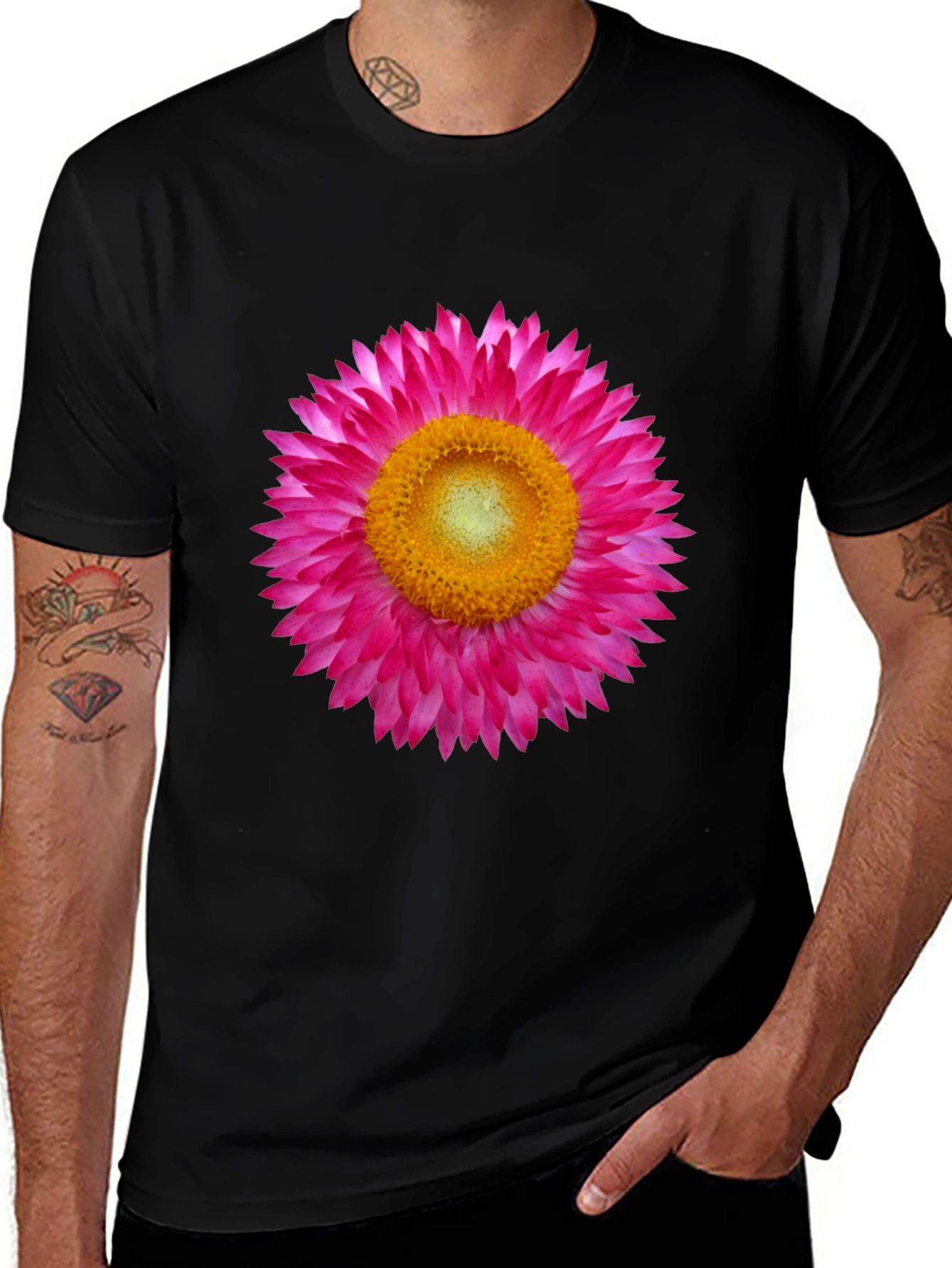 Black T-Shirt with Pink Strawflower Graphic