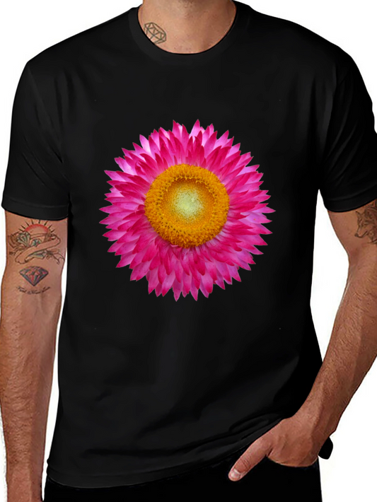 Black T-Shirt with Pink Strawflower Graphic