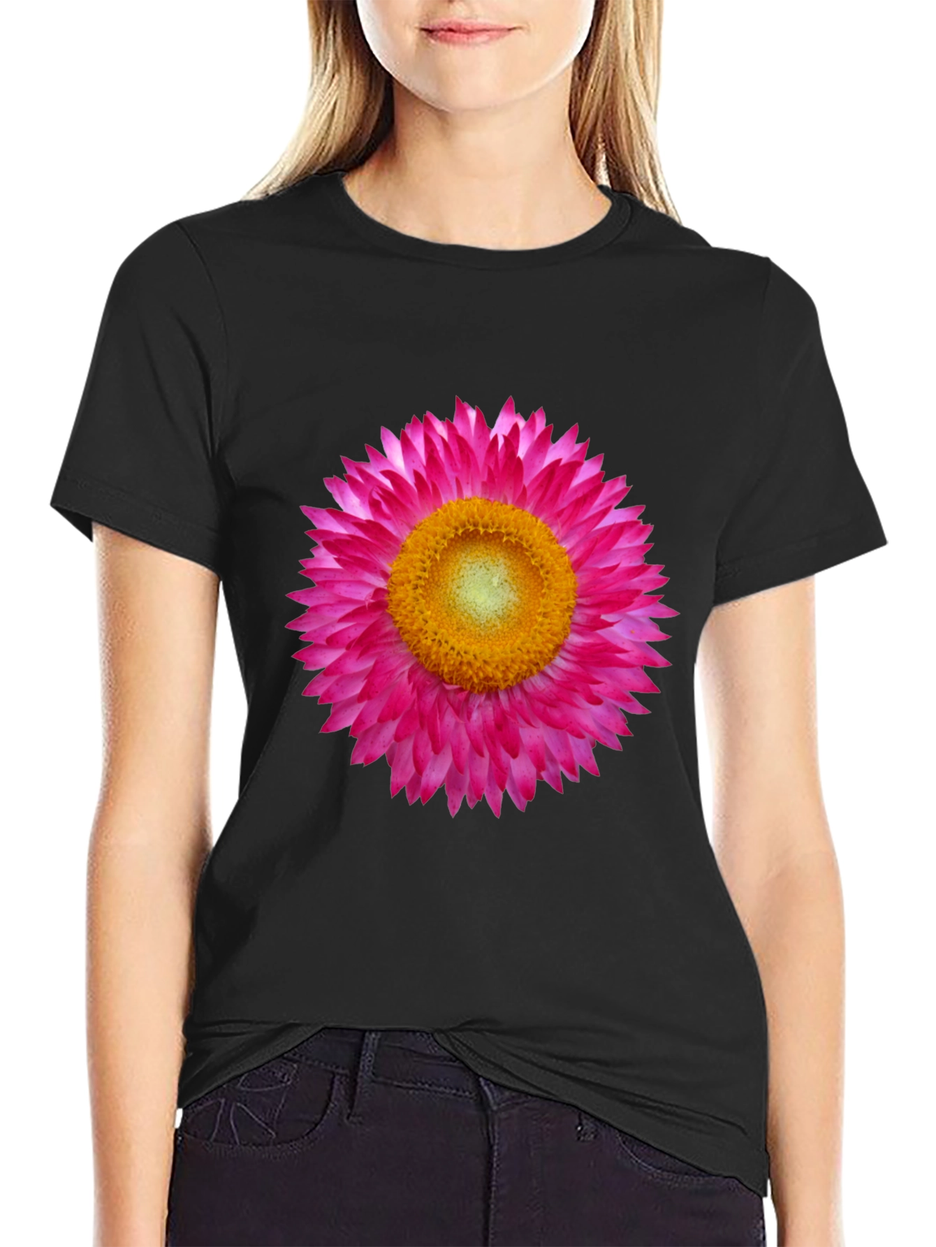 Black T-Shirt with Pink Strawflower Graphic