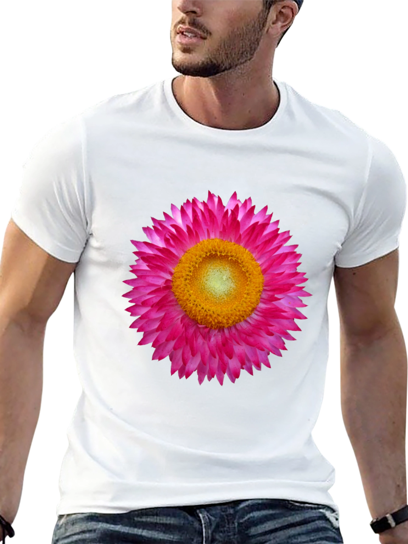 Black T-Shirt with Pink Strawflower Graphic