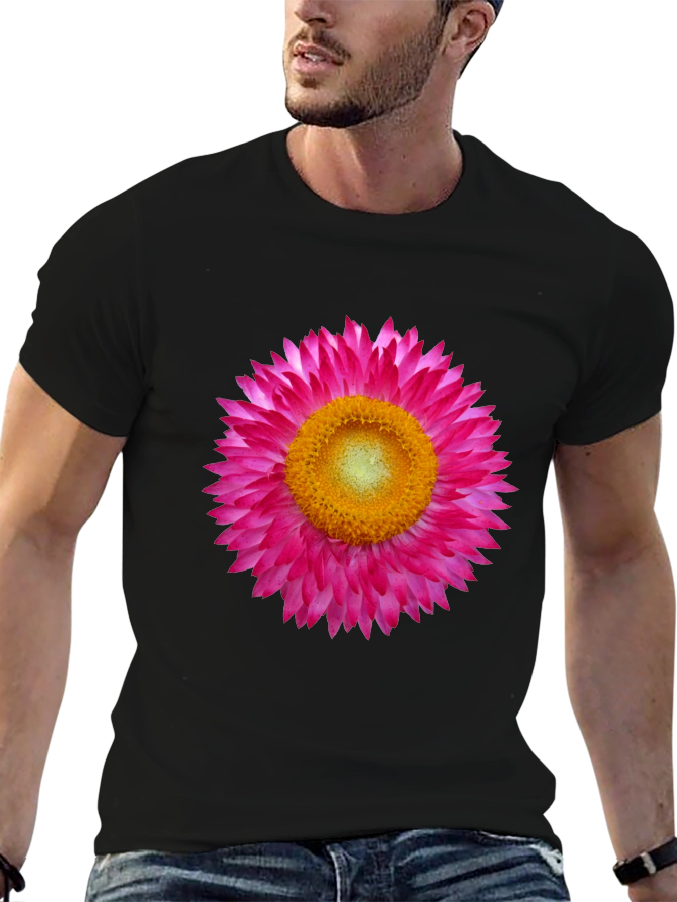 Black T-Shirt with Pink Strawflower Graphic