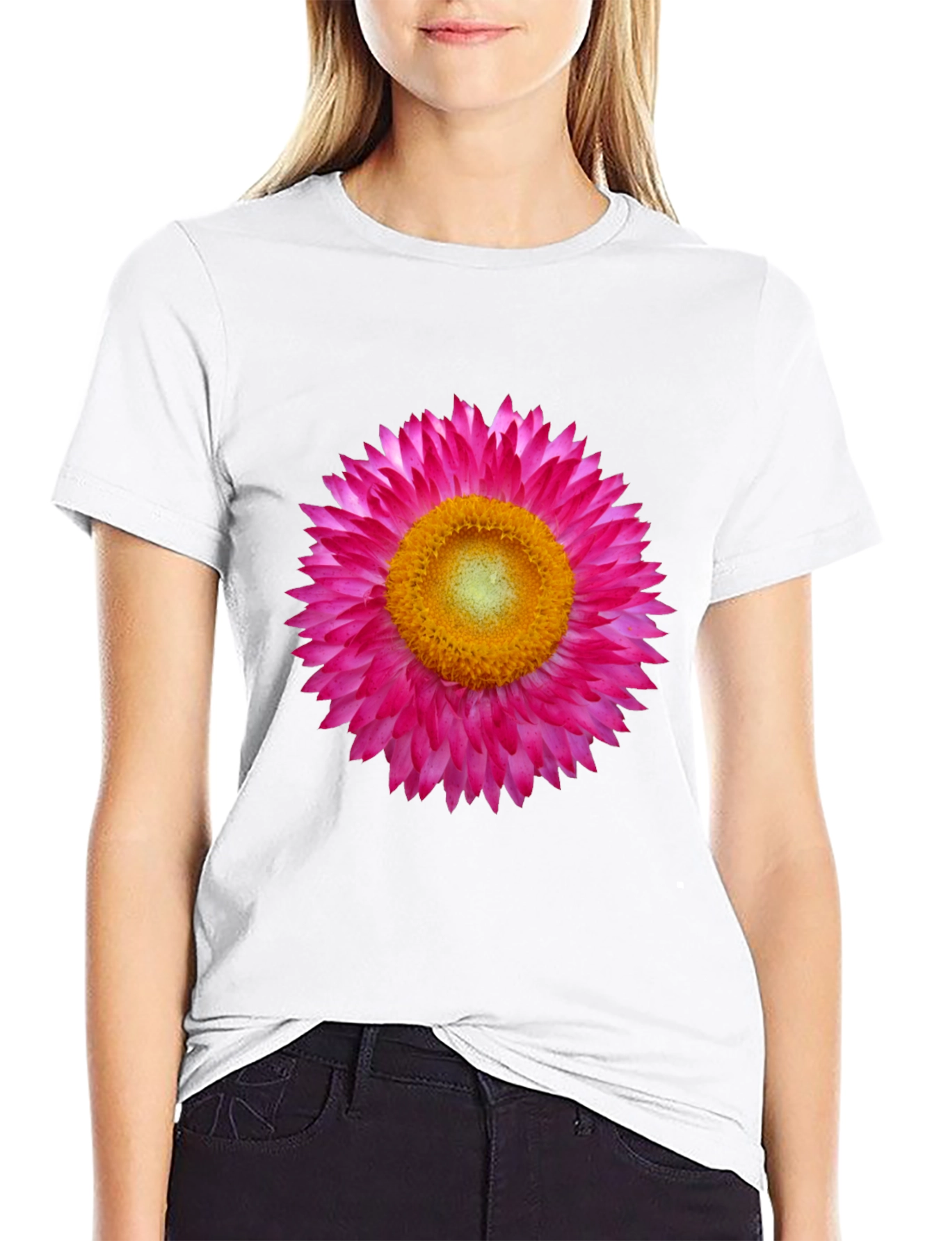 Black T-Shirt with Pink Strawflower Graphic
