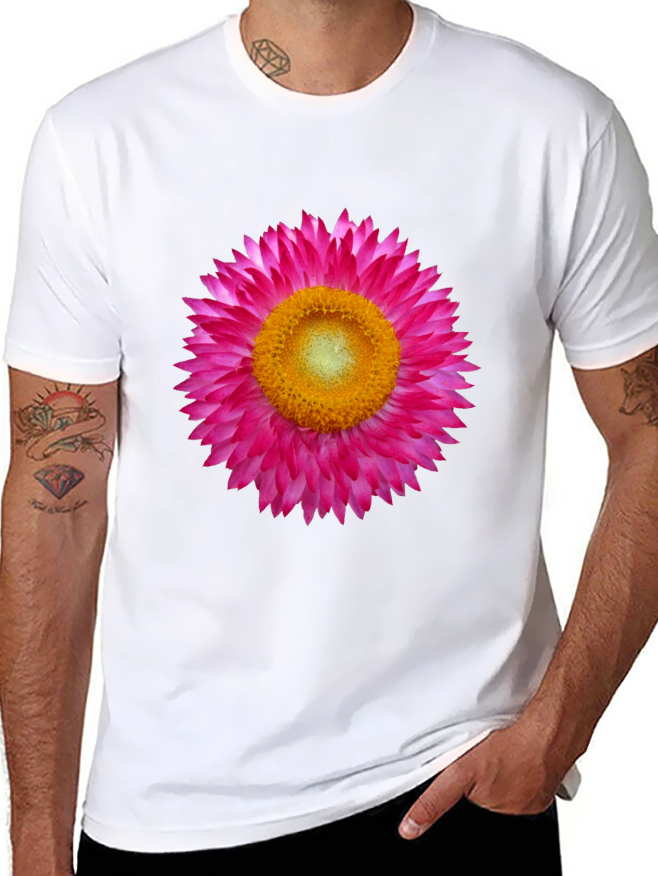 Black T-Shirt with Pink Strawflower Graphic