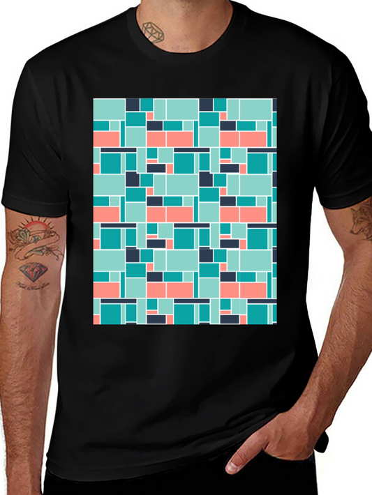 Geometric Block Pattern Mens Black Tee