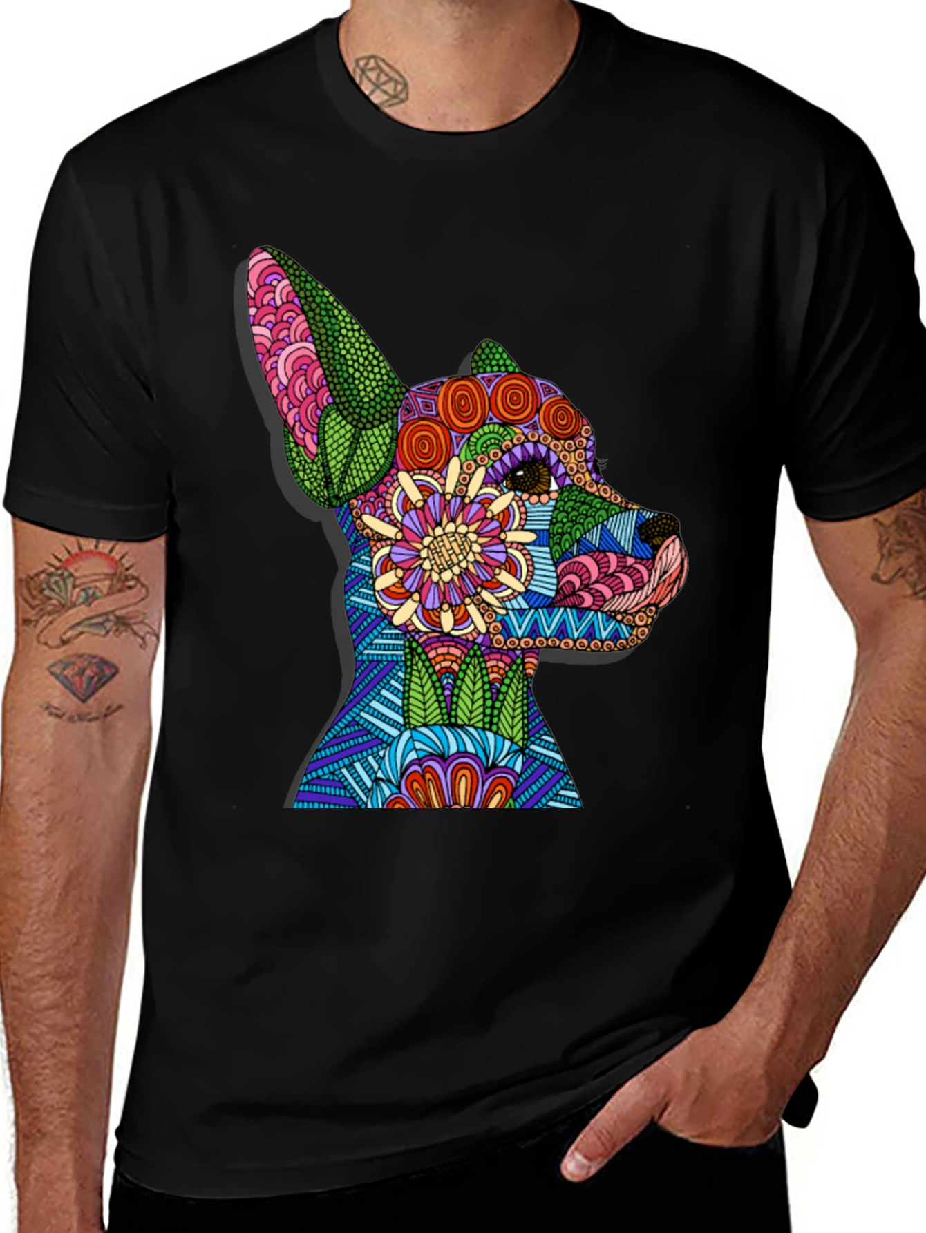 Dog Mandala Art Black T-Shirt