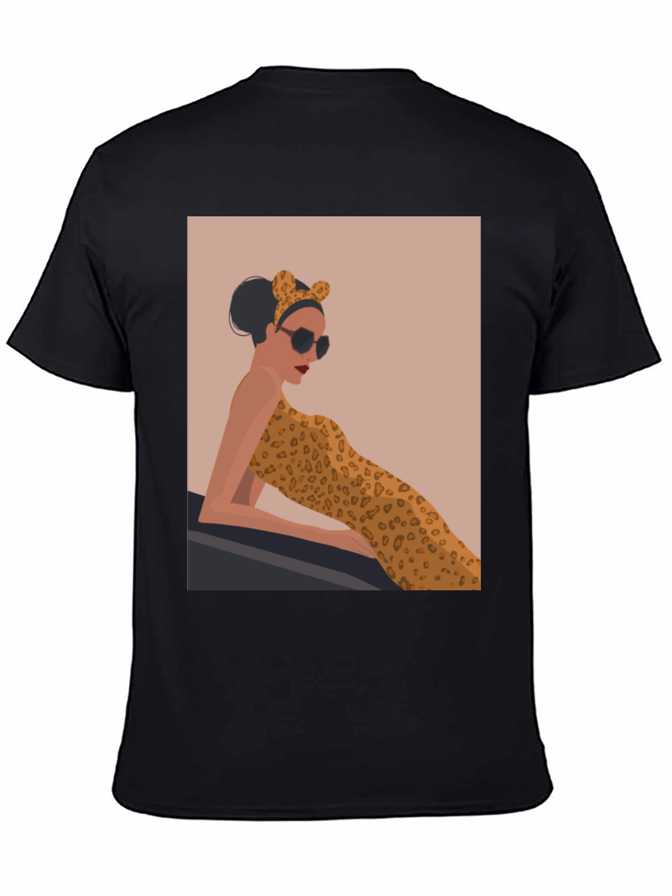 Stylish Black Tee with Leopard Print Woman Graphic