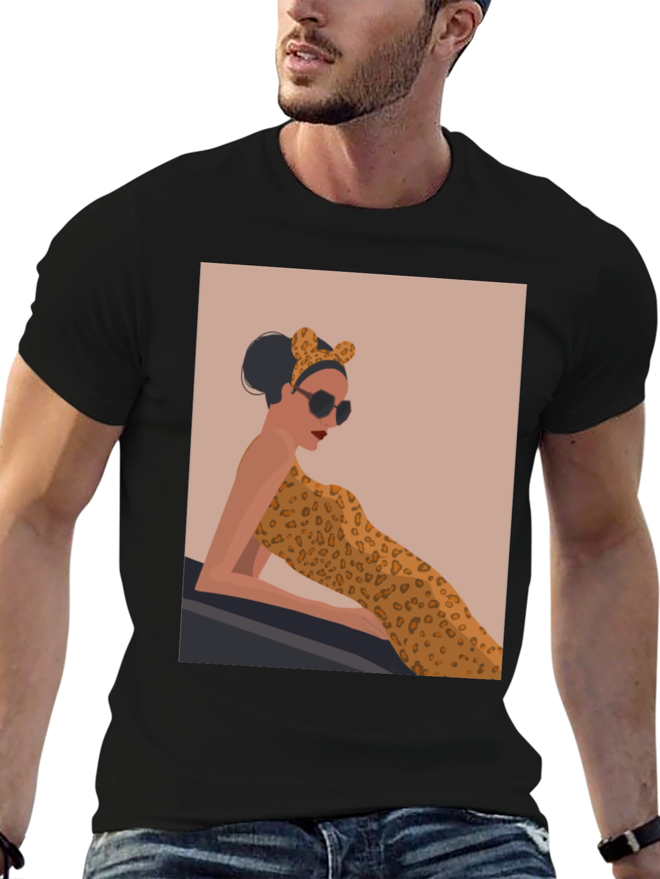Stylish Black Tee with Leopard Print Woman Graphic
