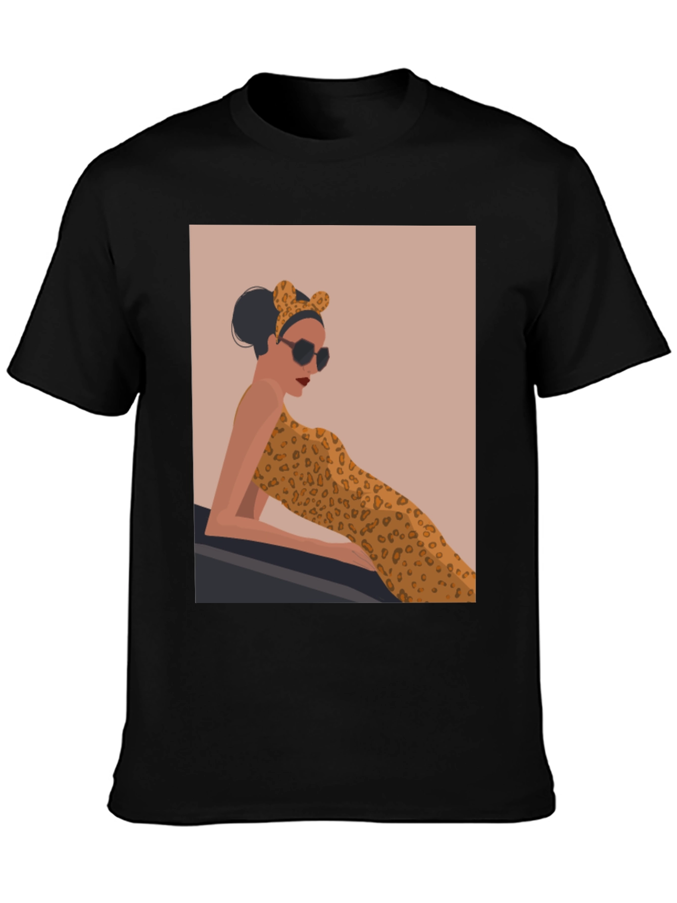 Stylish Black Tee with Leopard Print Woman Graphic