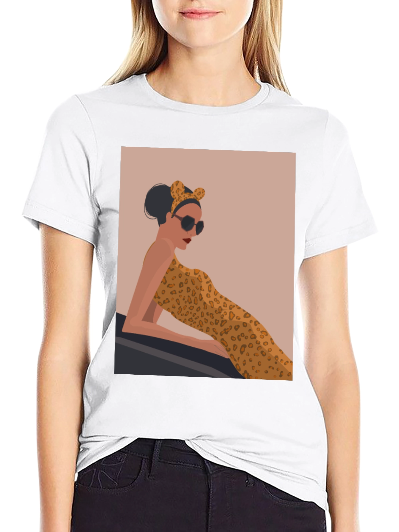Stylish Black Tee with Leopard Print Woman Graphic