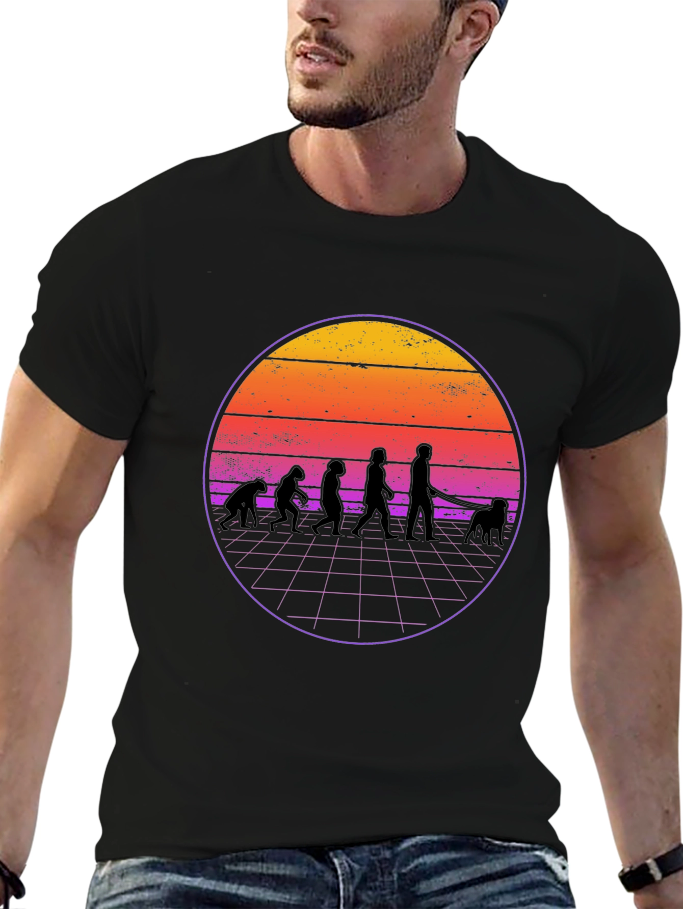 Evolution Dog Walker T-Shirt - Retro Sunset Style