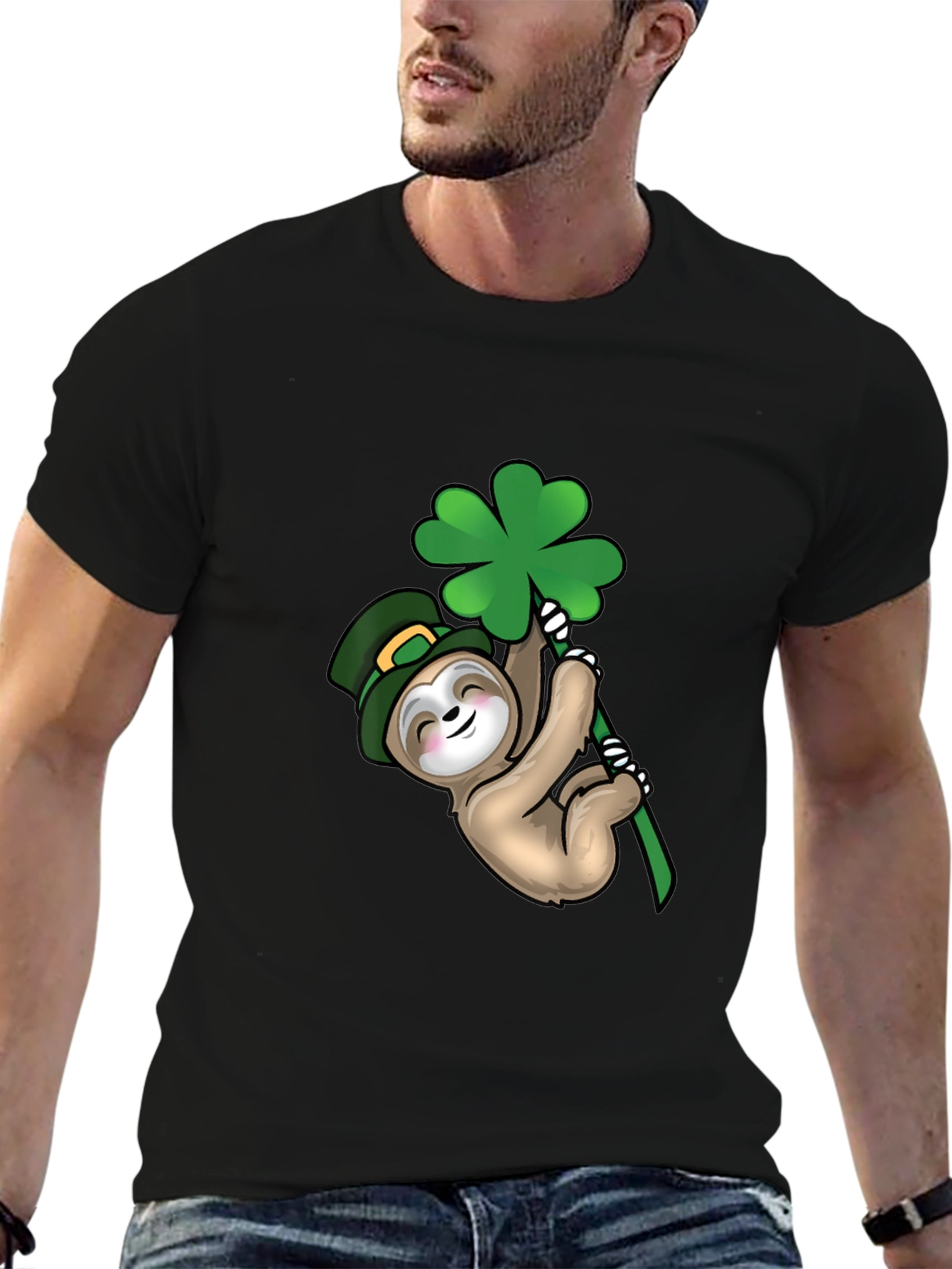 St. Patricks Day Sloth Black T-Shirt