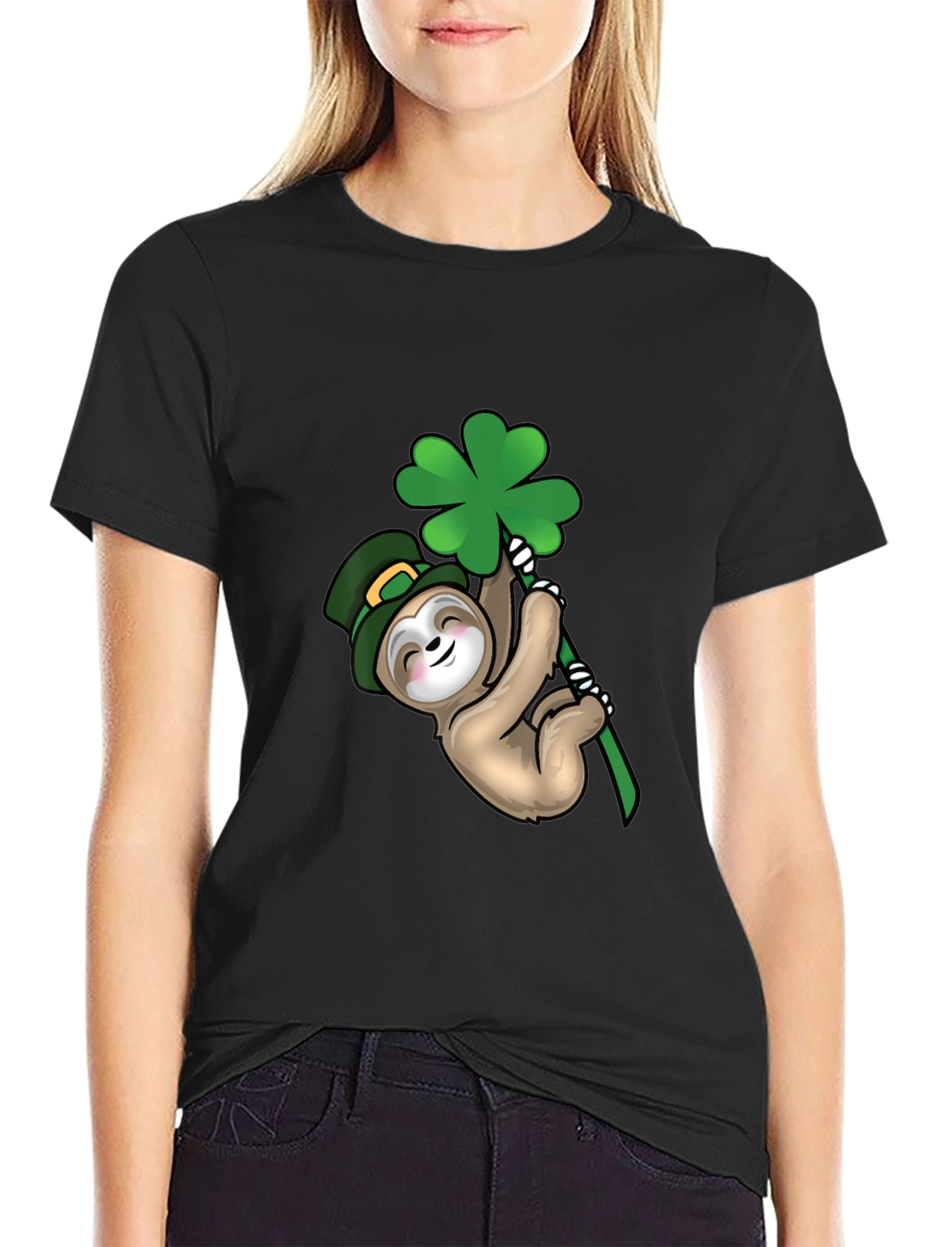 St. Patricks Day Sloth Black T-Shirt