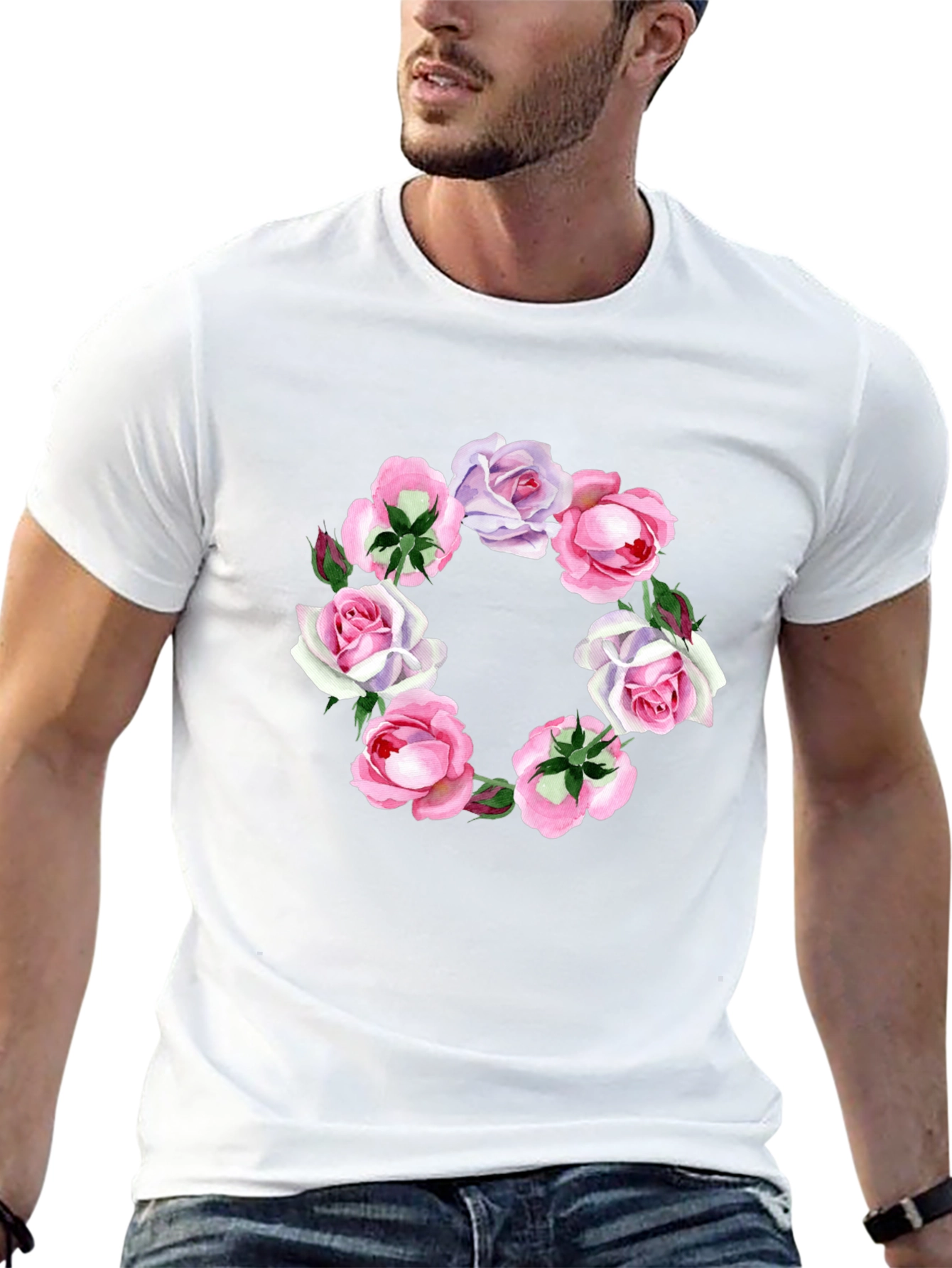 Floral Wreath Graphic Tee - Stylish Black T-Shirt