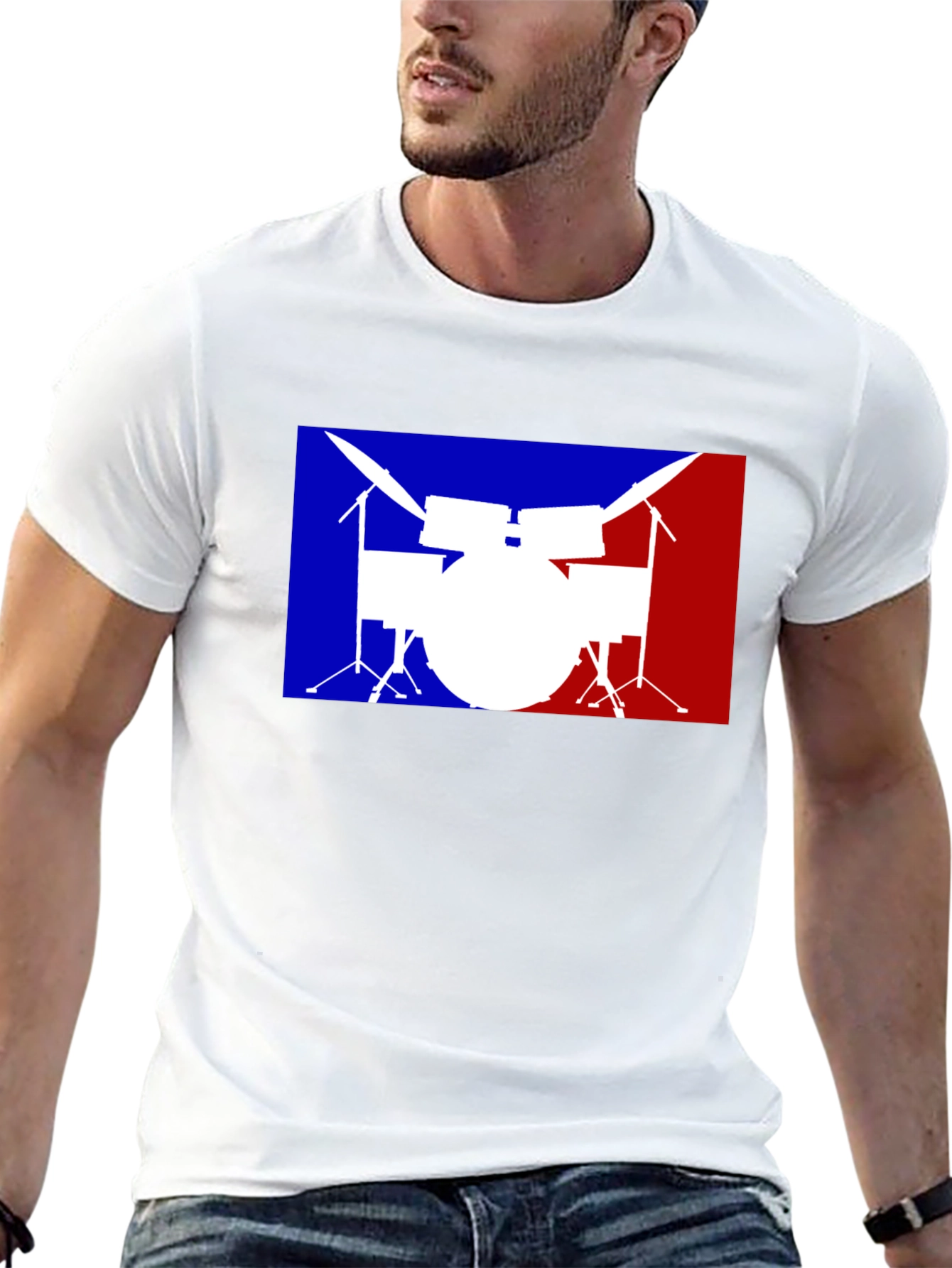 Drum Set Graphic T-Shirt: Blue and Red