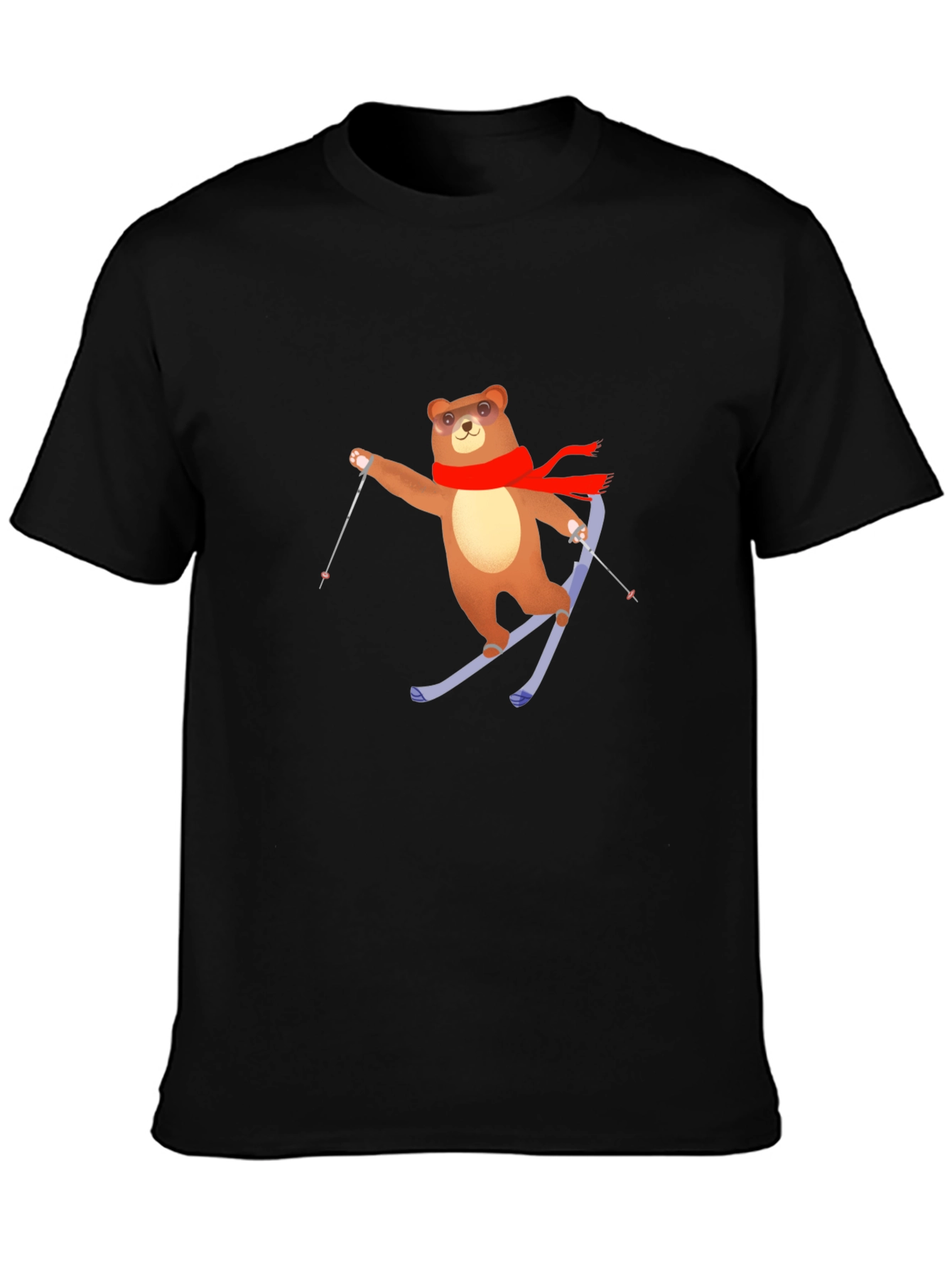 Skiing Bear T-Shirt - Black Cotton Tee