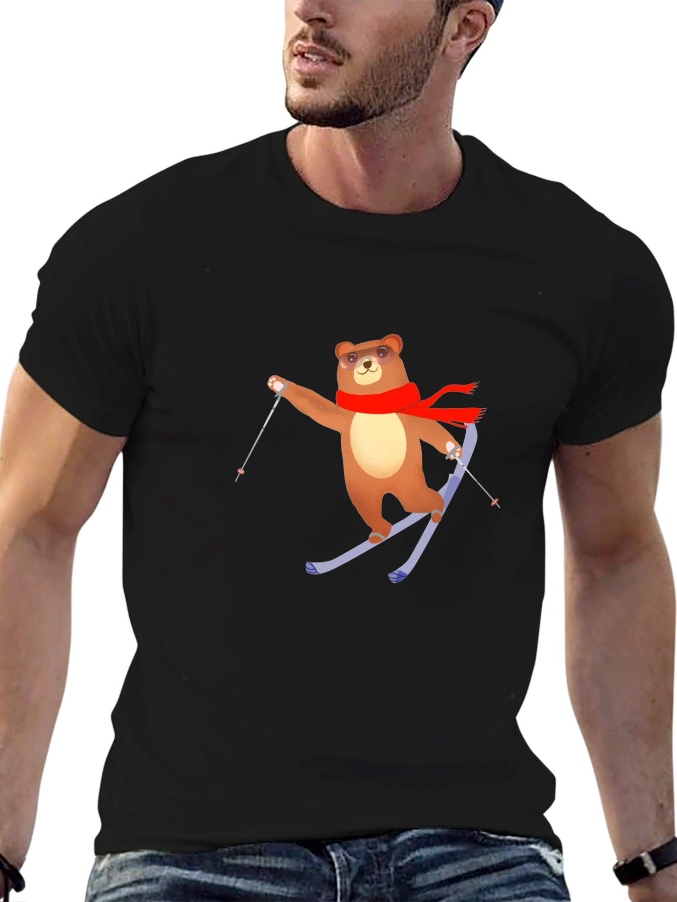 Skiing Bear T-Shirt - Black Cotton Tee