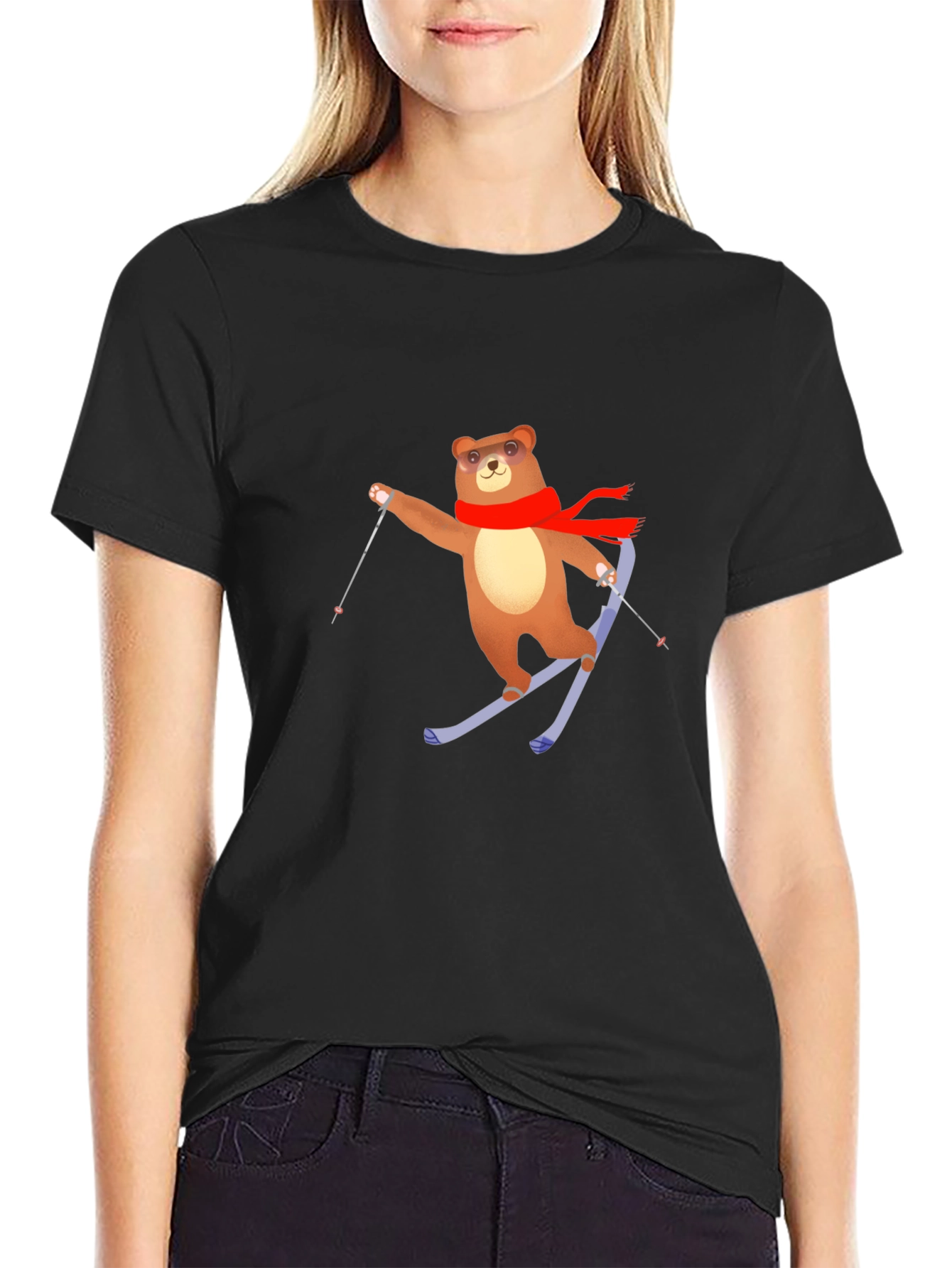 Skiing Bear T-Shirt - Black Cotton Tee