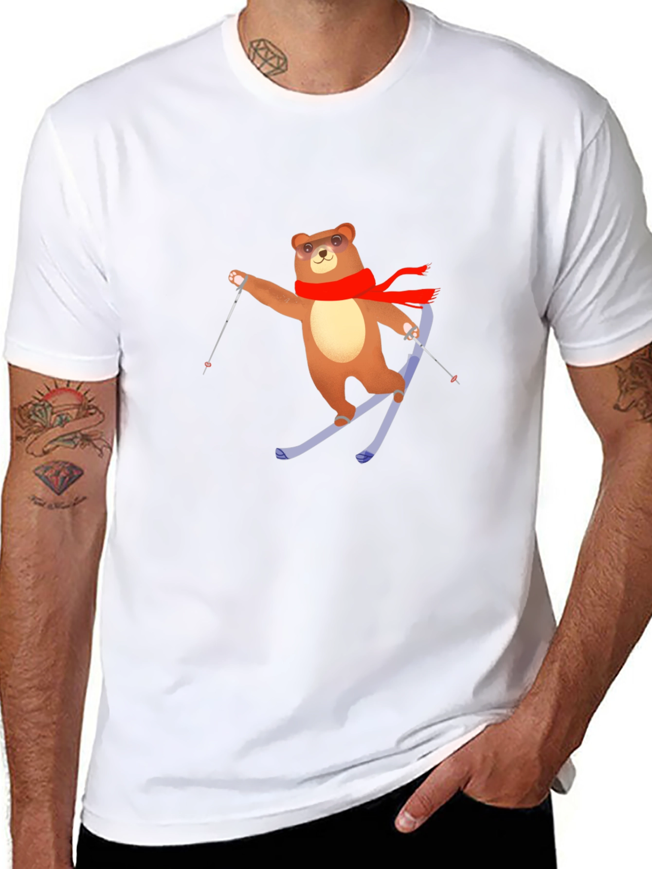 Skiing Bear T-Shirt - Black Cotton Tee