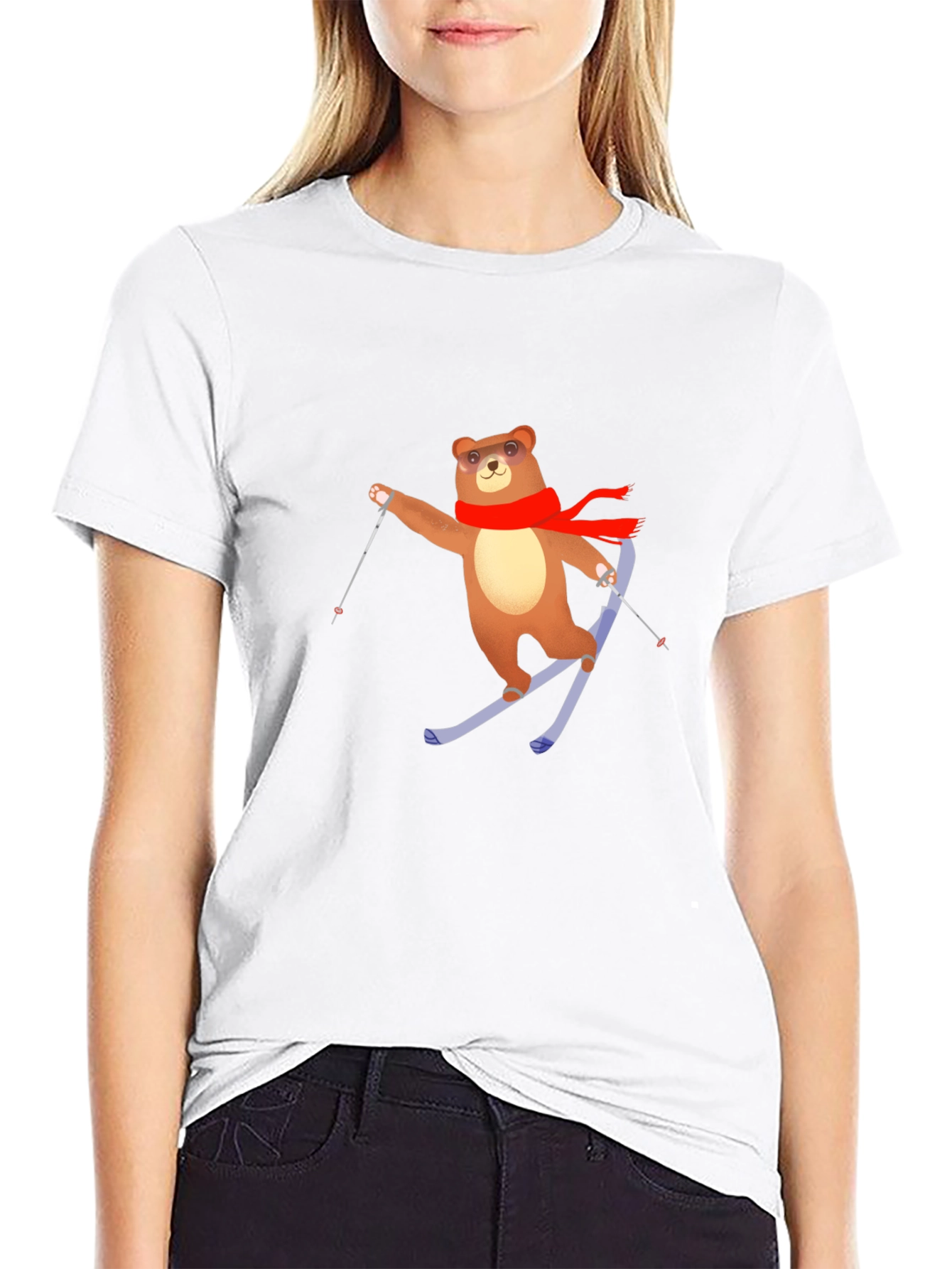 Skiing Bear T-Shirt - Black Cotton Tee