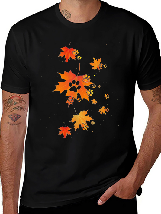 Autumn Leaves & Paw Prints Black T-Shirt