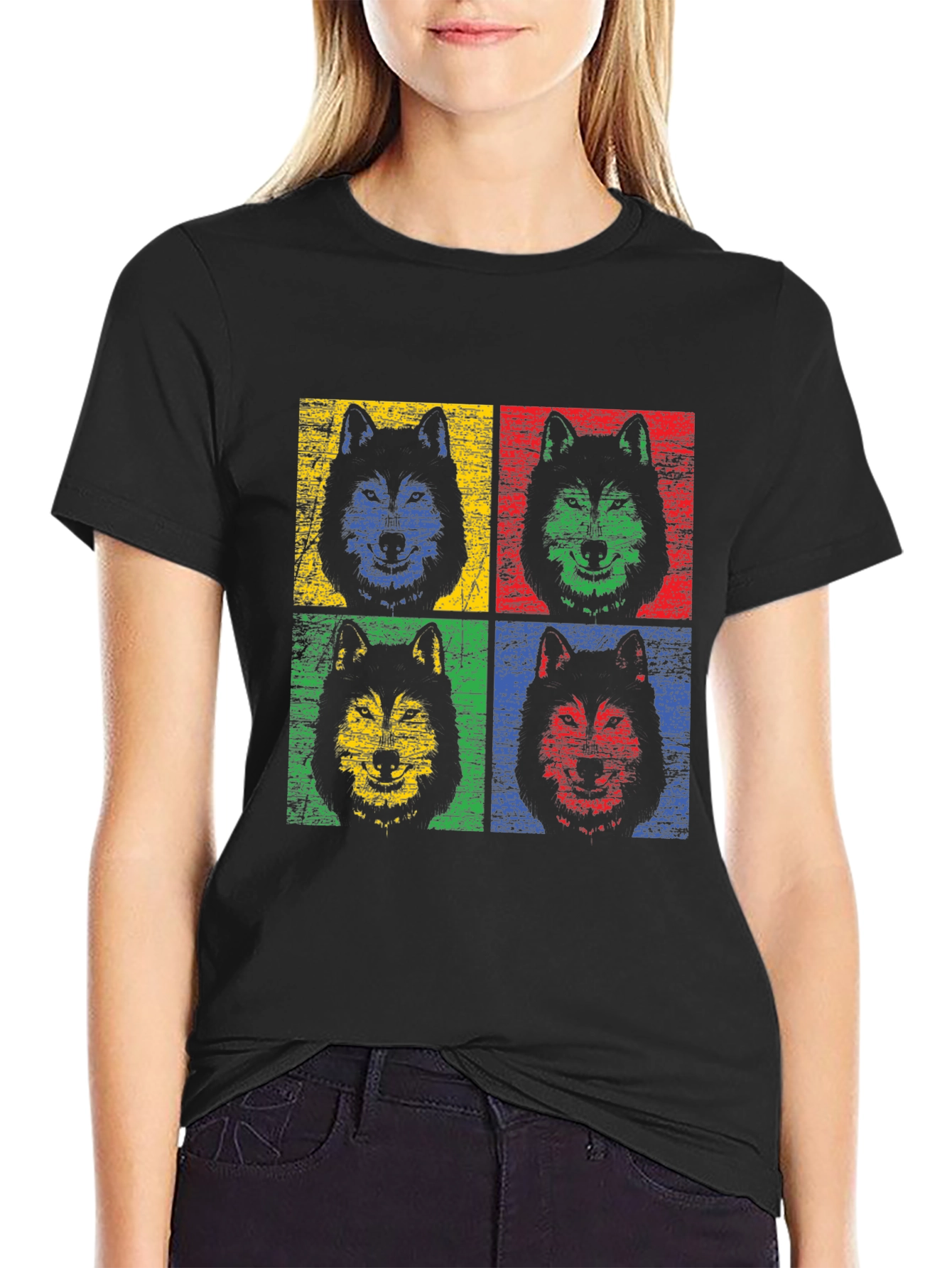 Pop Art Wolf Graphic Black T-Shirt