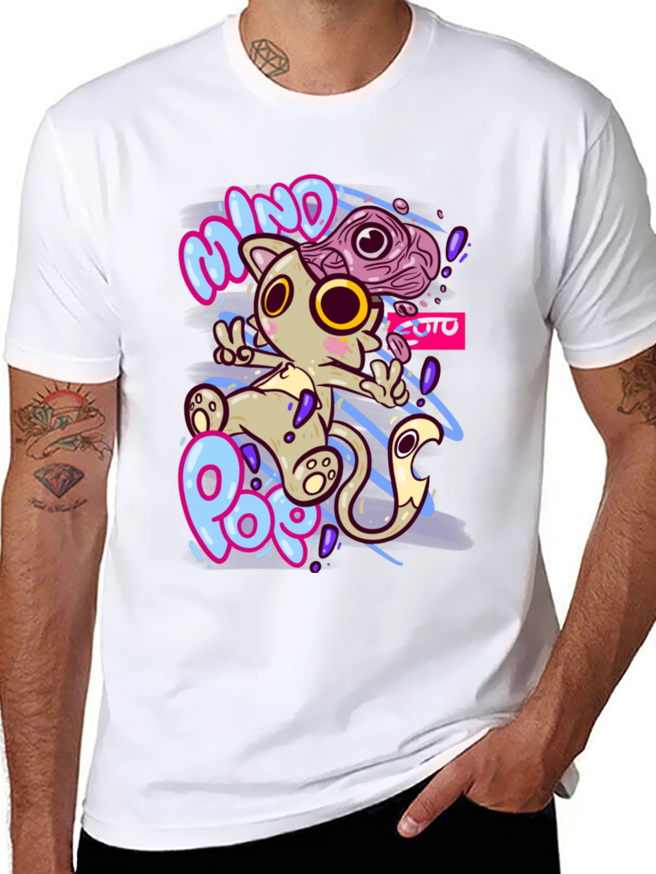 Mind Pop Graphic Tee - Unique Cartoon Cat Design