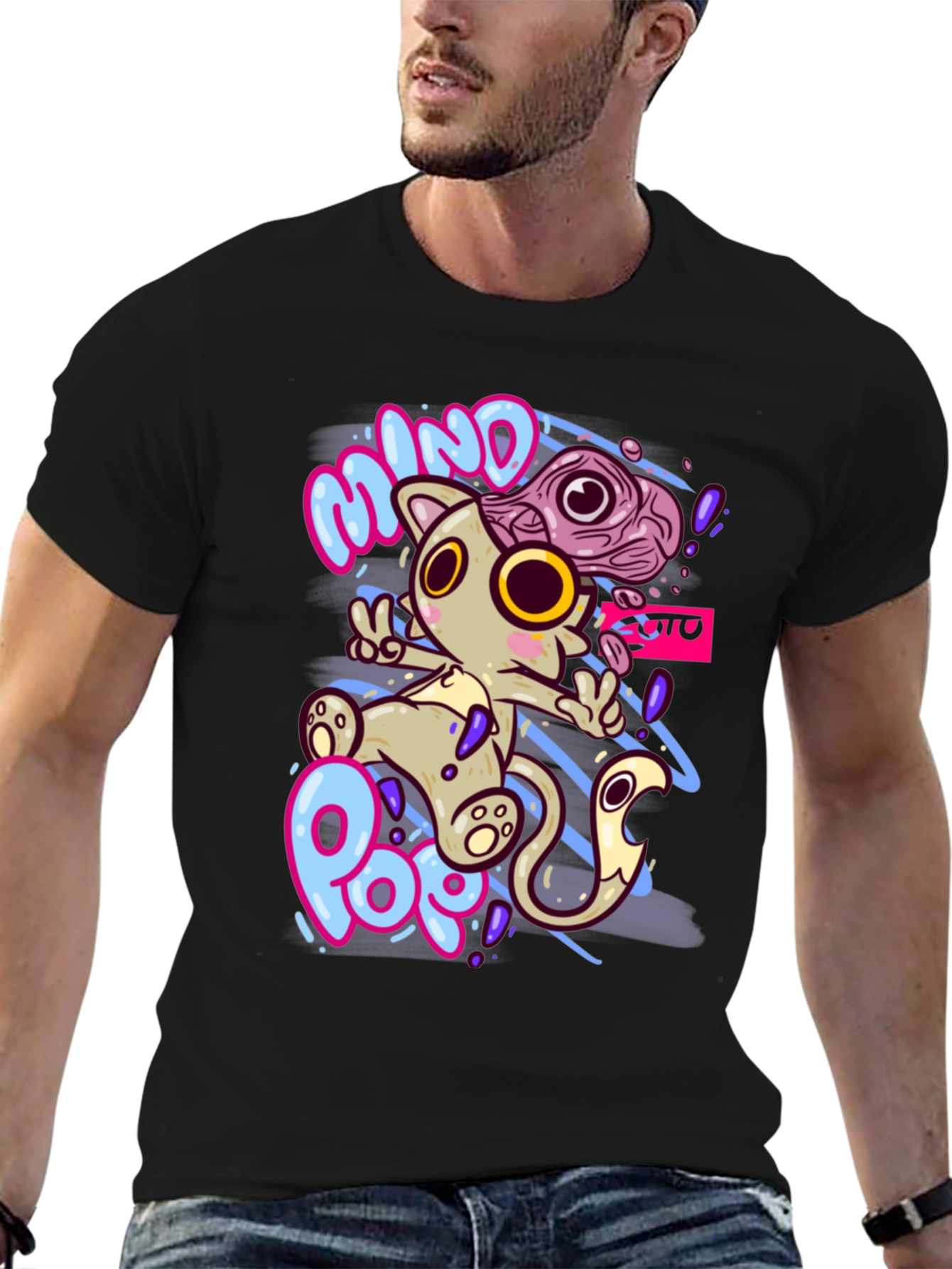 Mind Pop Graphic Tee - Unique Cartoon Cat Design