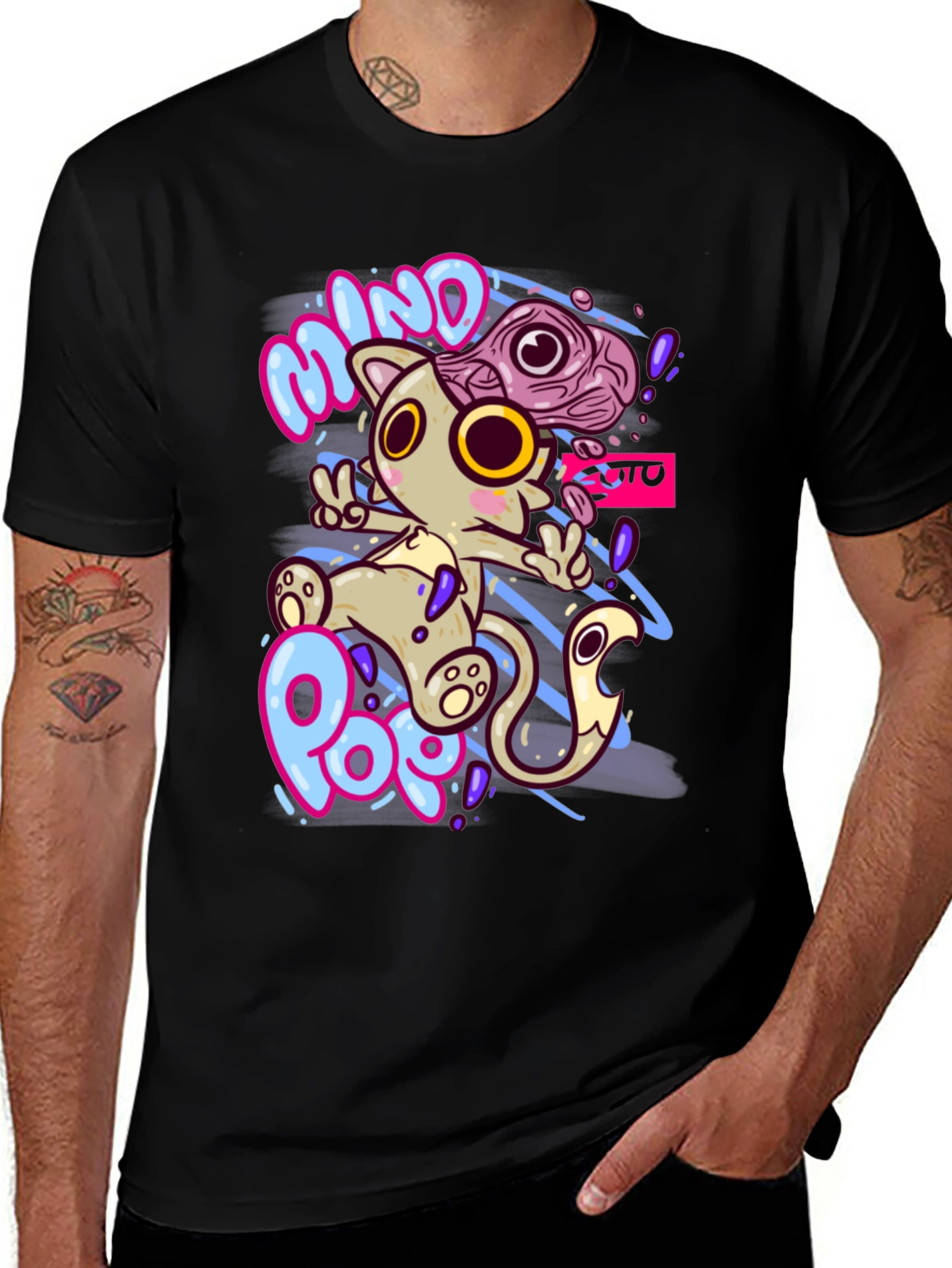 Mind Pop Graphic Tee - Unique Cartoon Cat Design