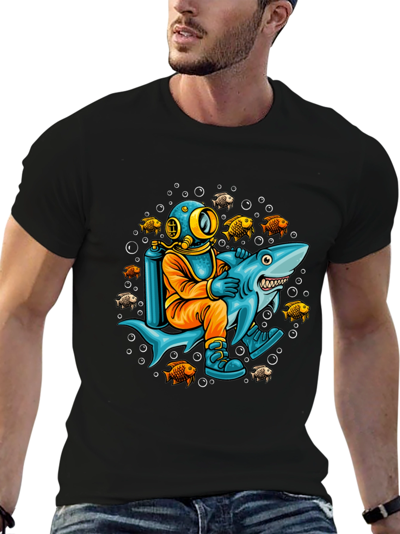 Diver Riding Shark Graphic T-Shirt