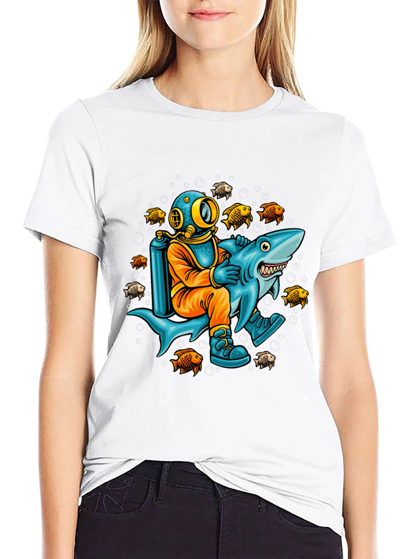 Diver Riding Shark Graphic T-Shirt