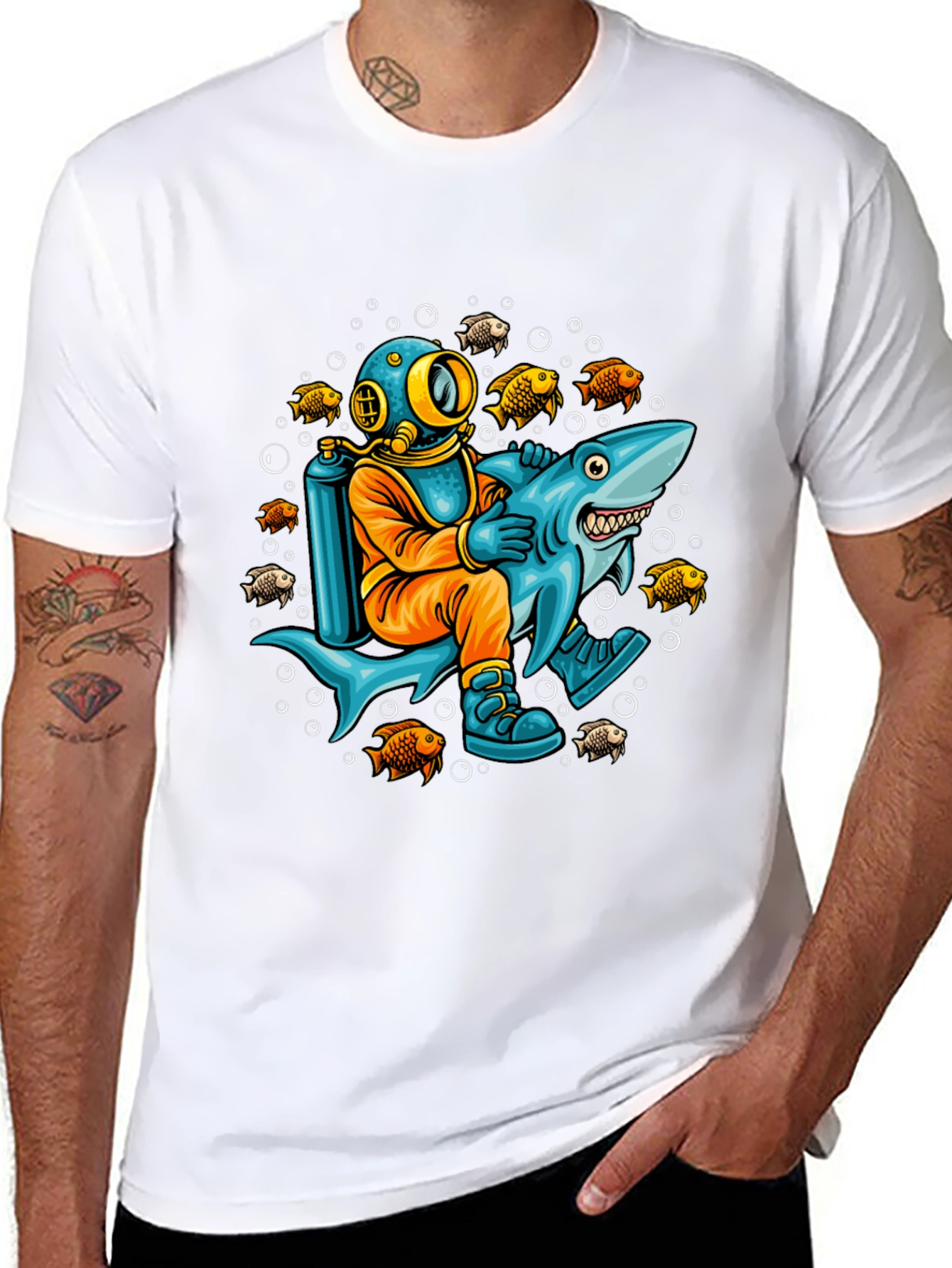 Diver Riding Shark Graphic T-Shirt
