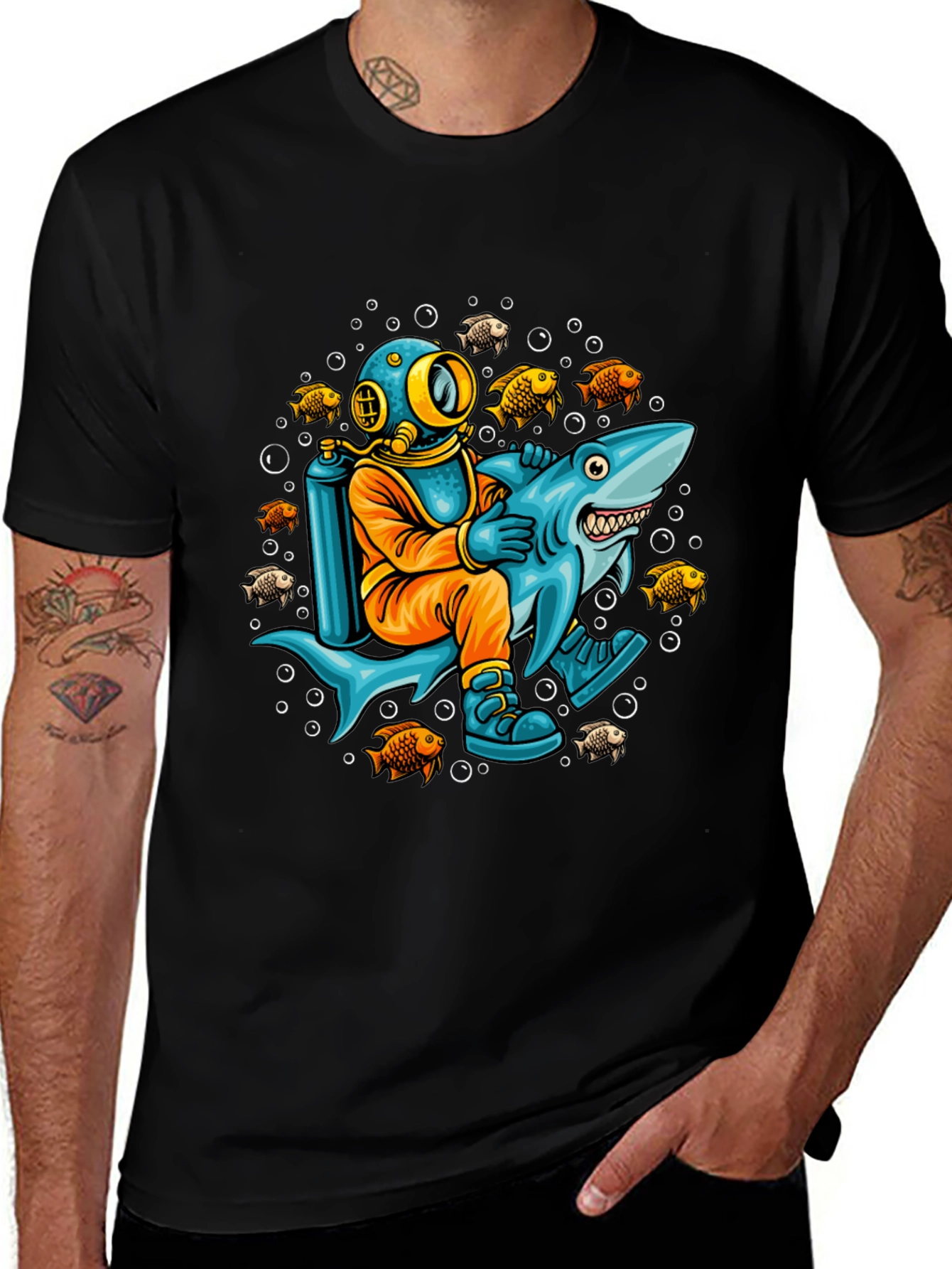 Diver Riding Shark Graphic T-Shirt