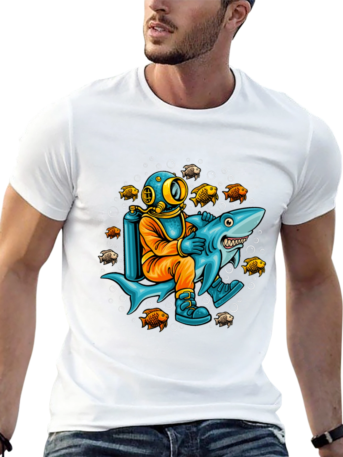 Diver Riding Shark Graphic T-Shirt