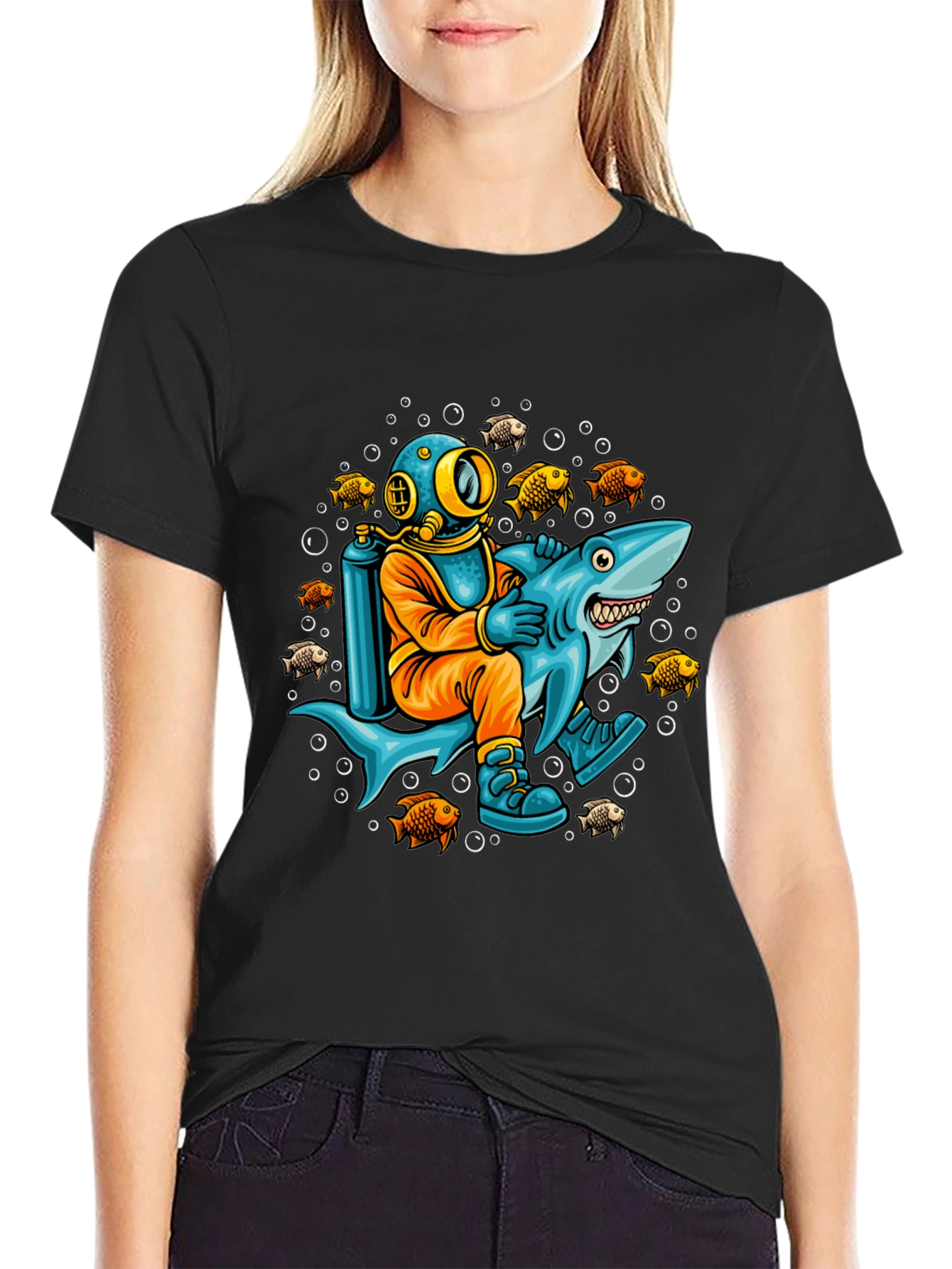 Diver Riding Shark Graphic T-Shirt