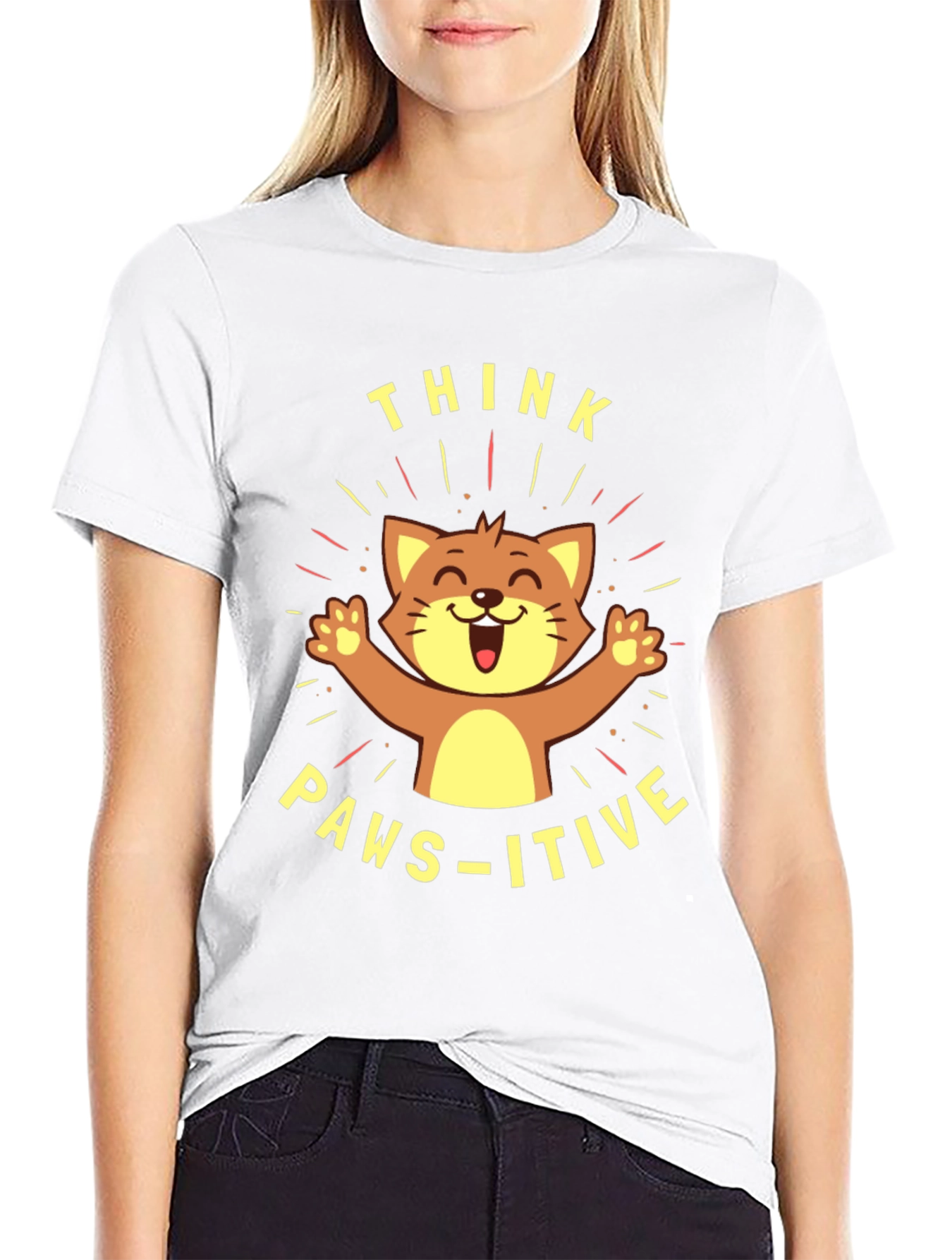 Think Paws-itive Cat Graphic Tee - Black Cotton T-Shirt