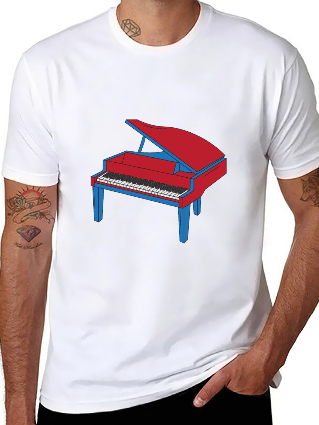 Piano Graphic T-Shirt - Red and Blue Design