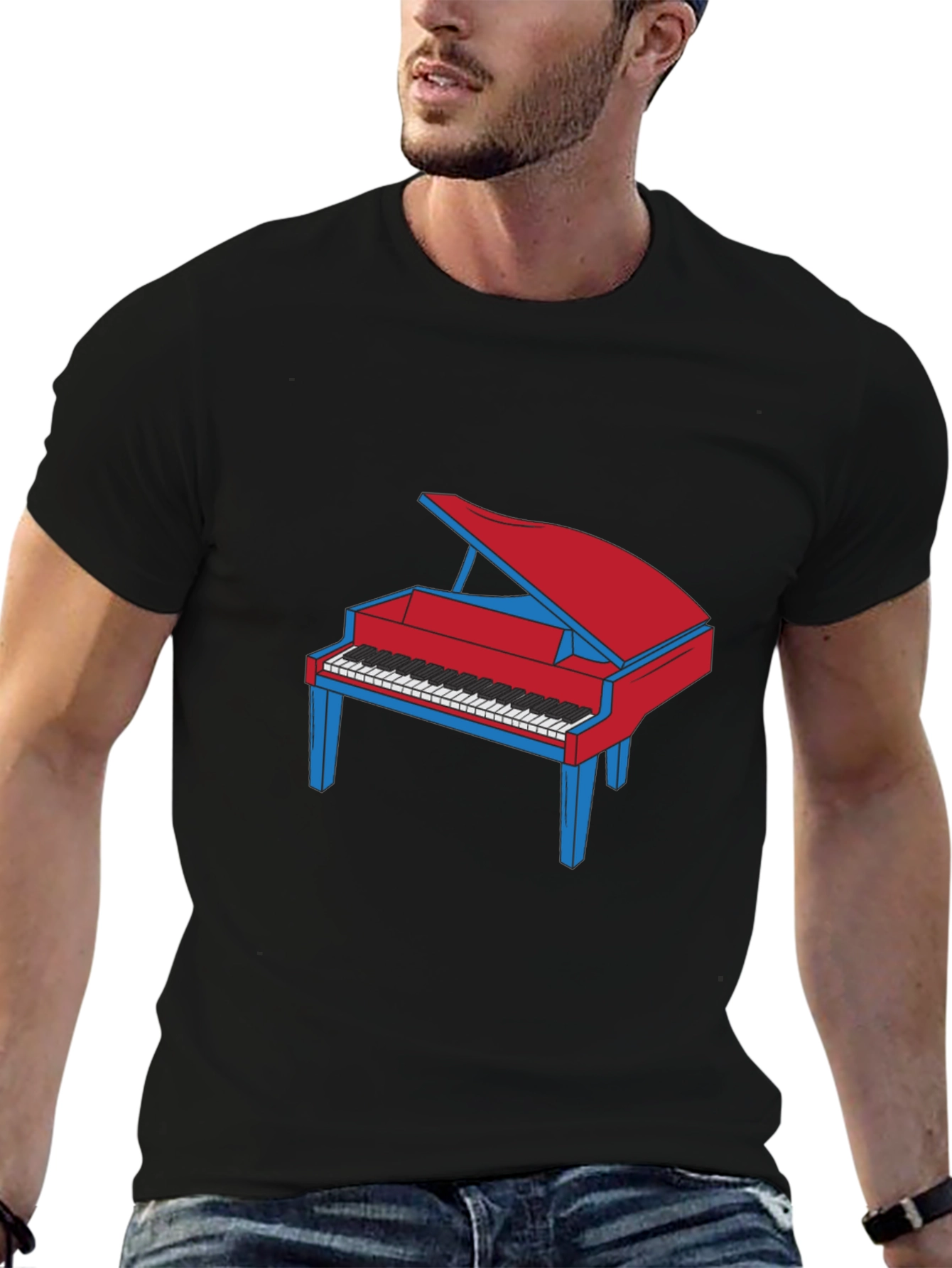 Piano Graphic T-Shirt - Red and Blue Design