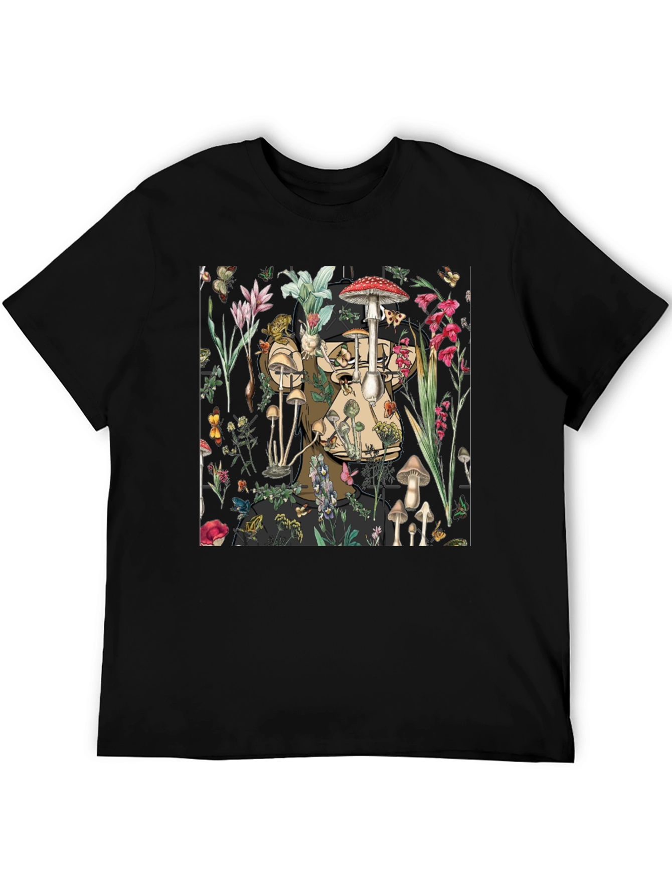 Mushroom & Floral Print Black T-Shirt